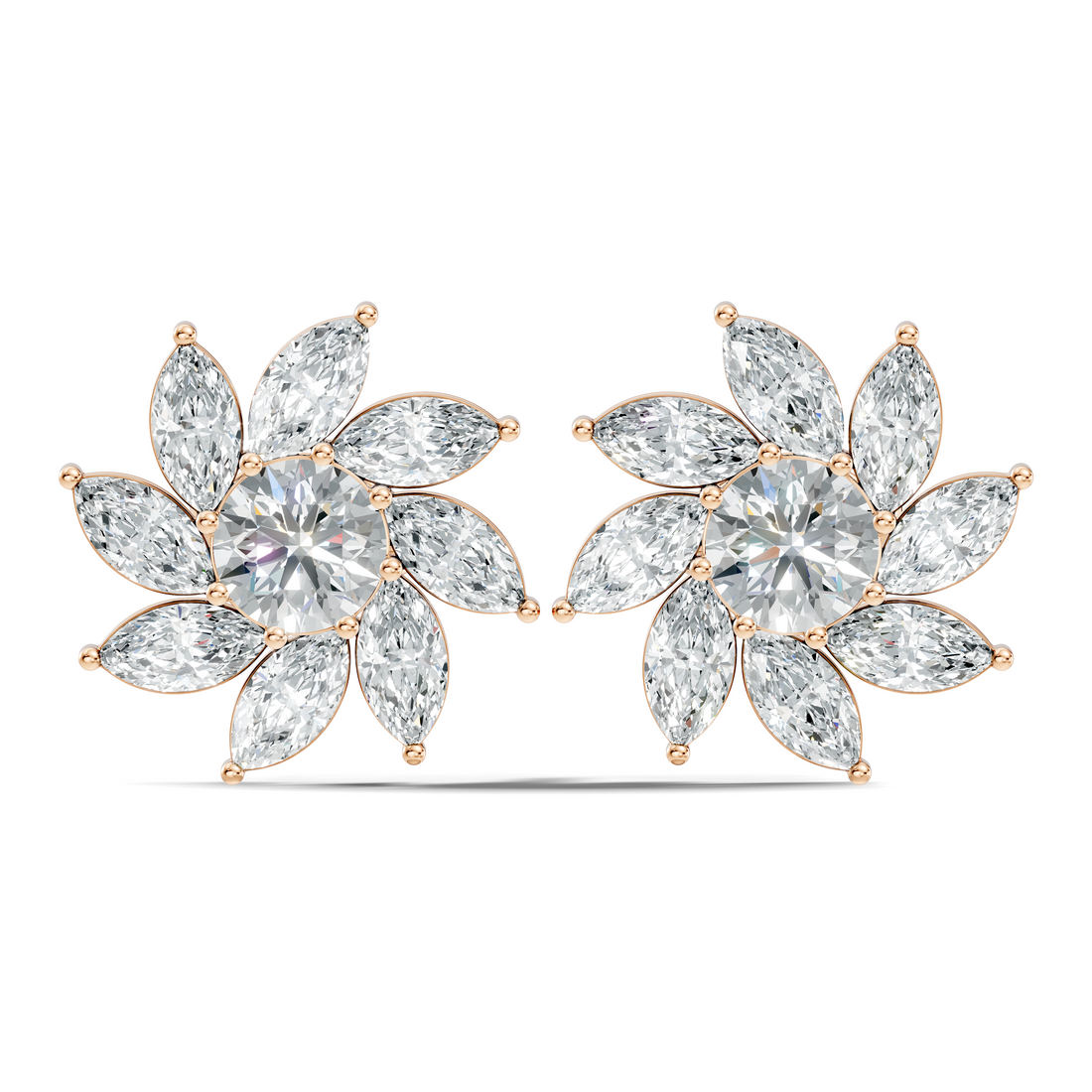 Round & Marquise Pinwheel Floral Diamond Cluster Stud