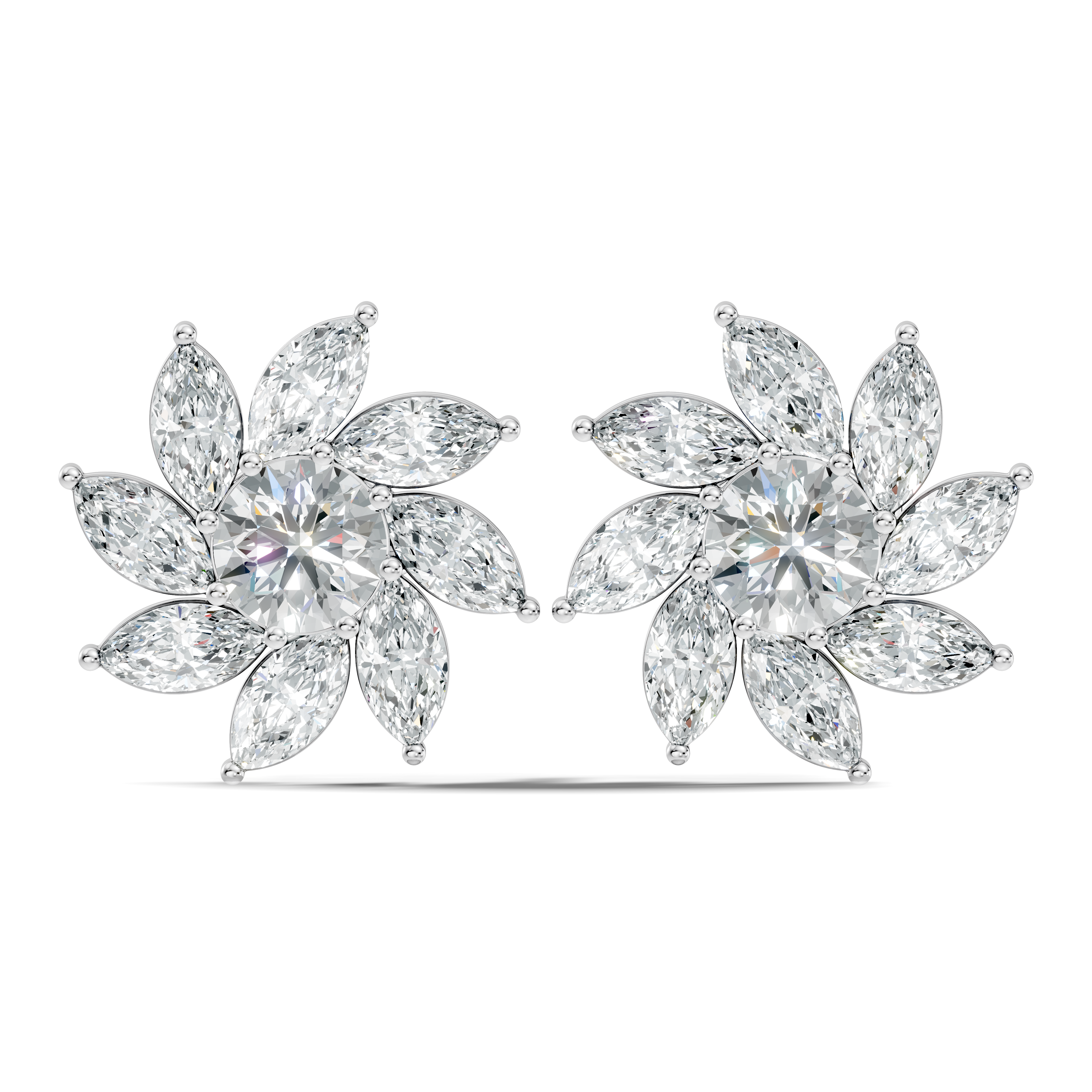 Round & Marquise Pinwheel Floral Diamond Cluster Stud