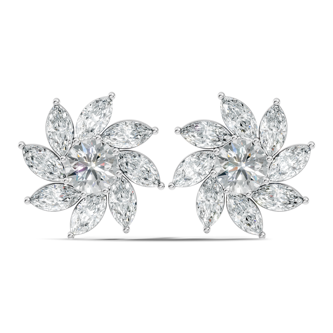 Round & Marquise Pinwheel Floral Diamond Cluster Stud
