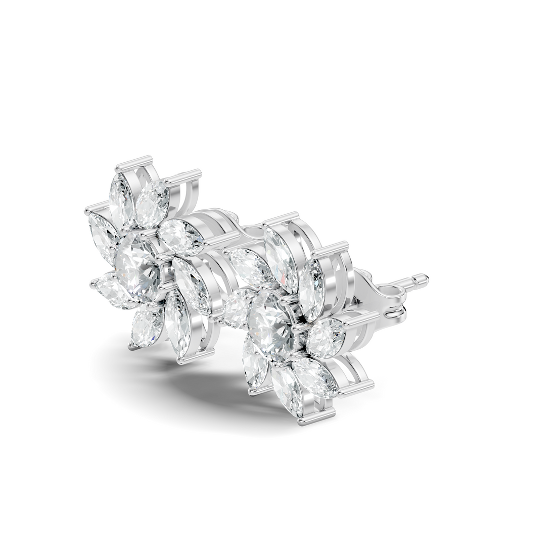 Round & Marquise Pinwheel Floral Diamond Cluster Stud