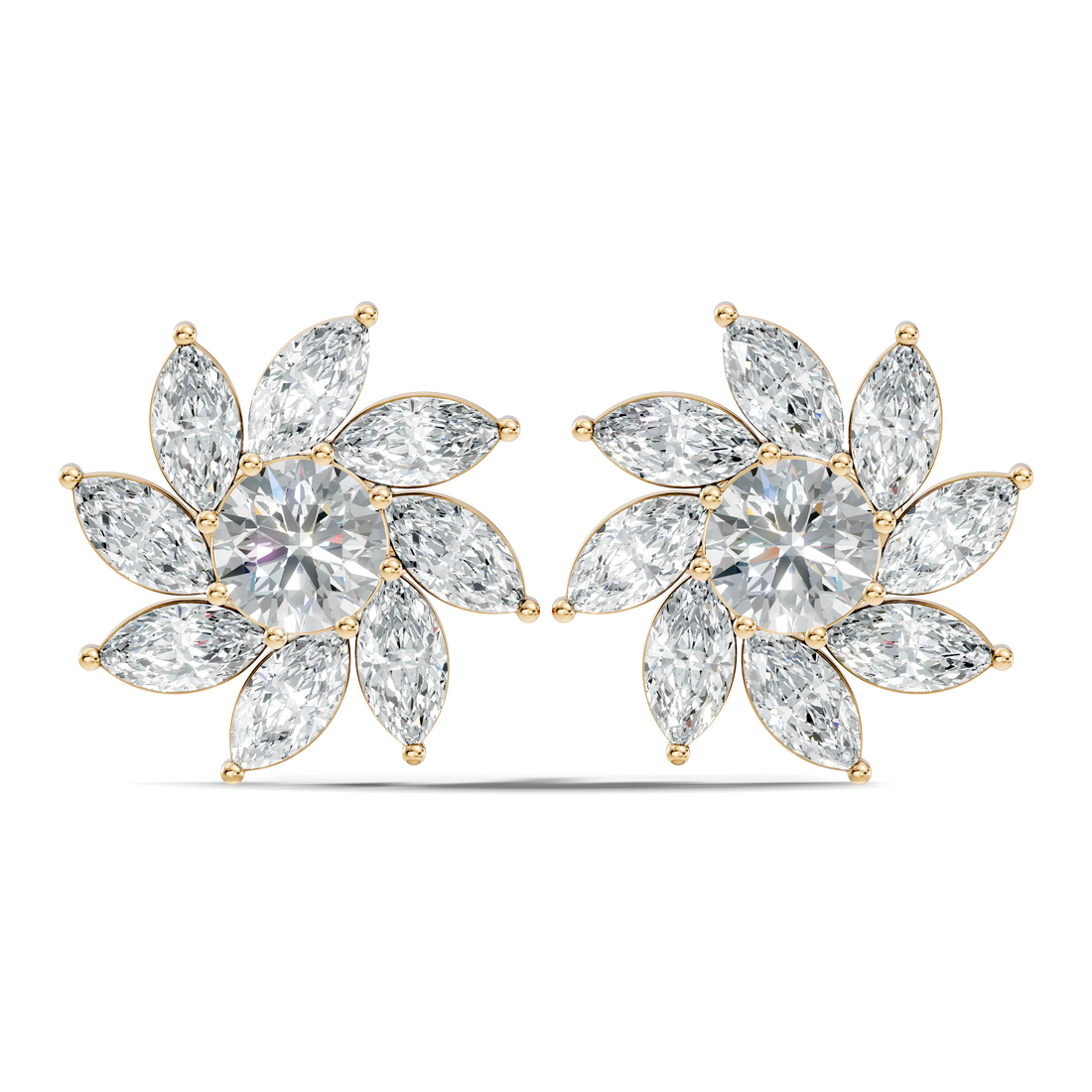 Round & Marquise Pinwheel Floral Diamond Cluster Stud