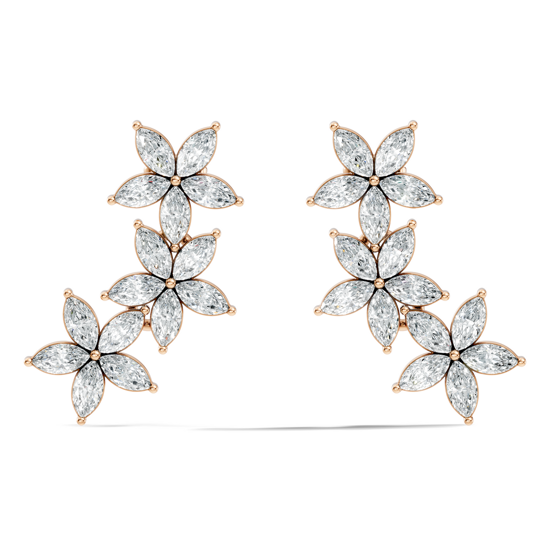 Triple Floral Marquise Diamond Ear Climber Earrings