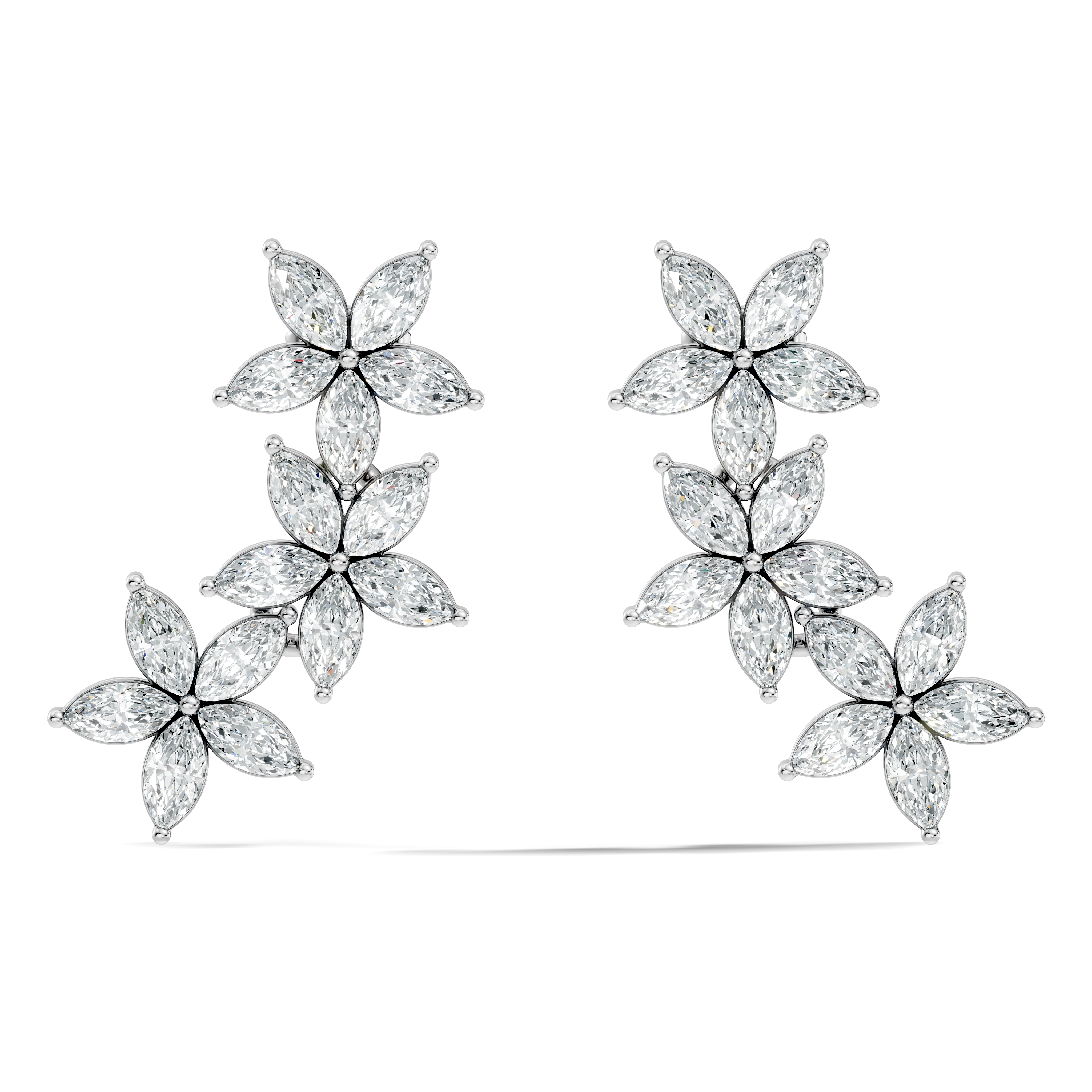 Triple Floral Marquise Diamond Ear Climber Earrings