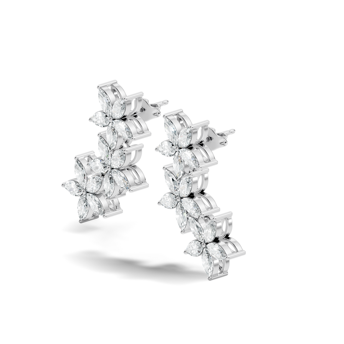 Triple Floral Marquise Diamond Ear Climber Earrings