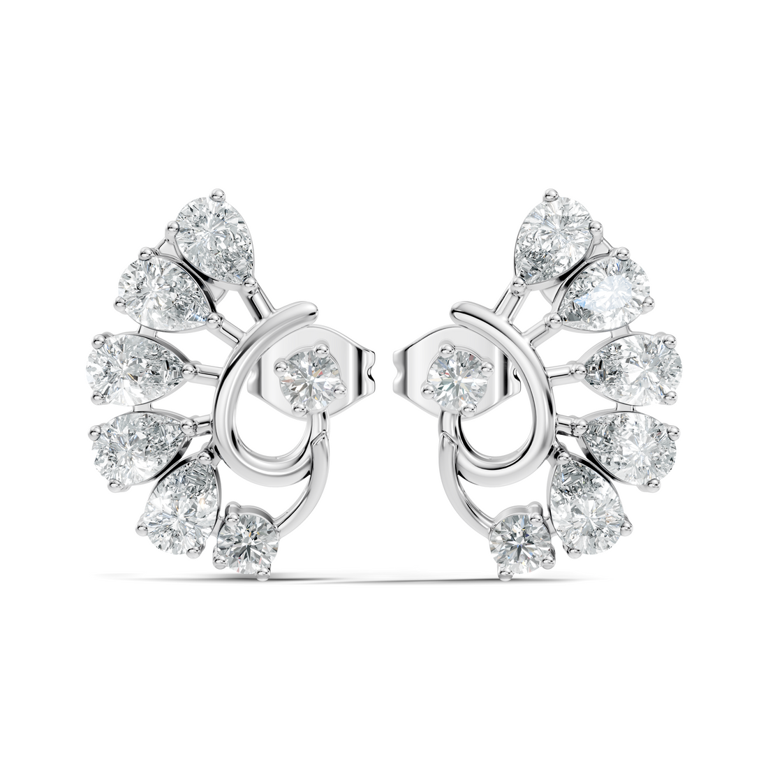 Pear & Round Peacock Fan Arc Diamond Stud