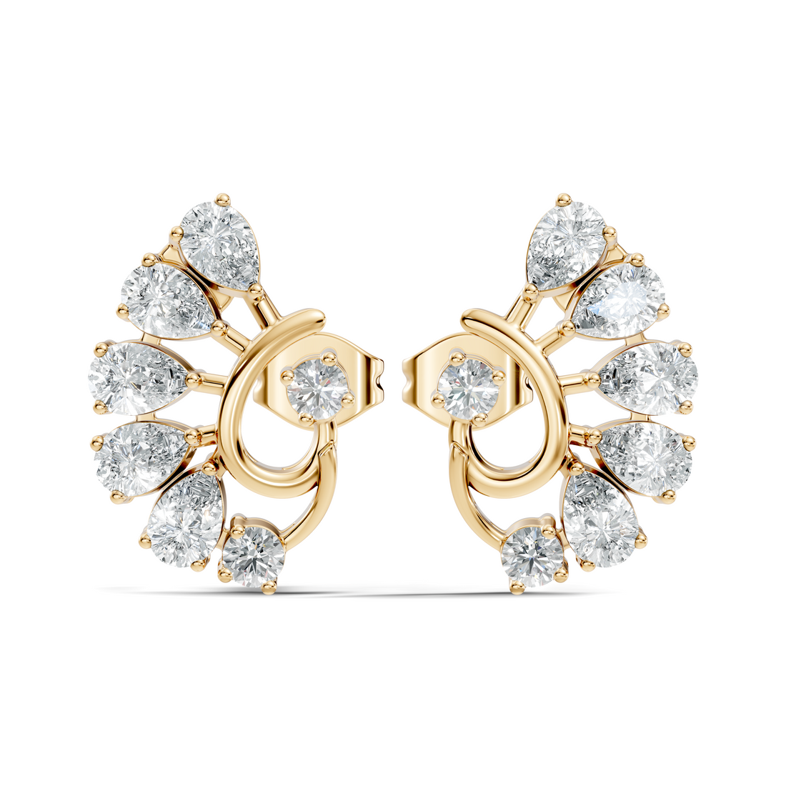 Pear & Round Peacock Fan Arc Diamond Stud