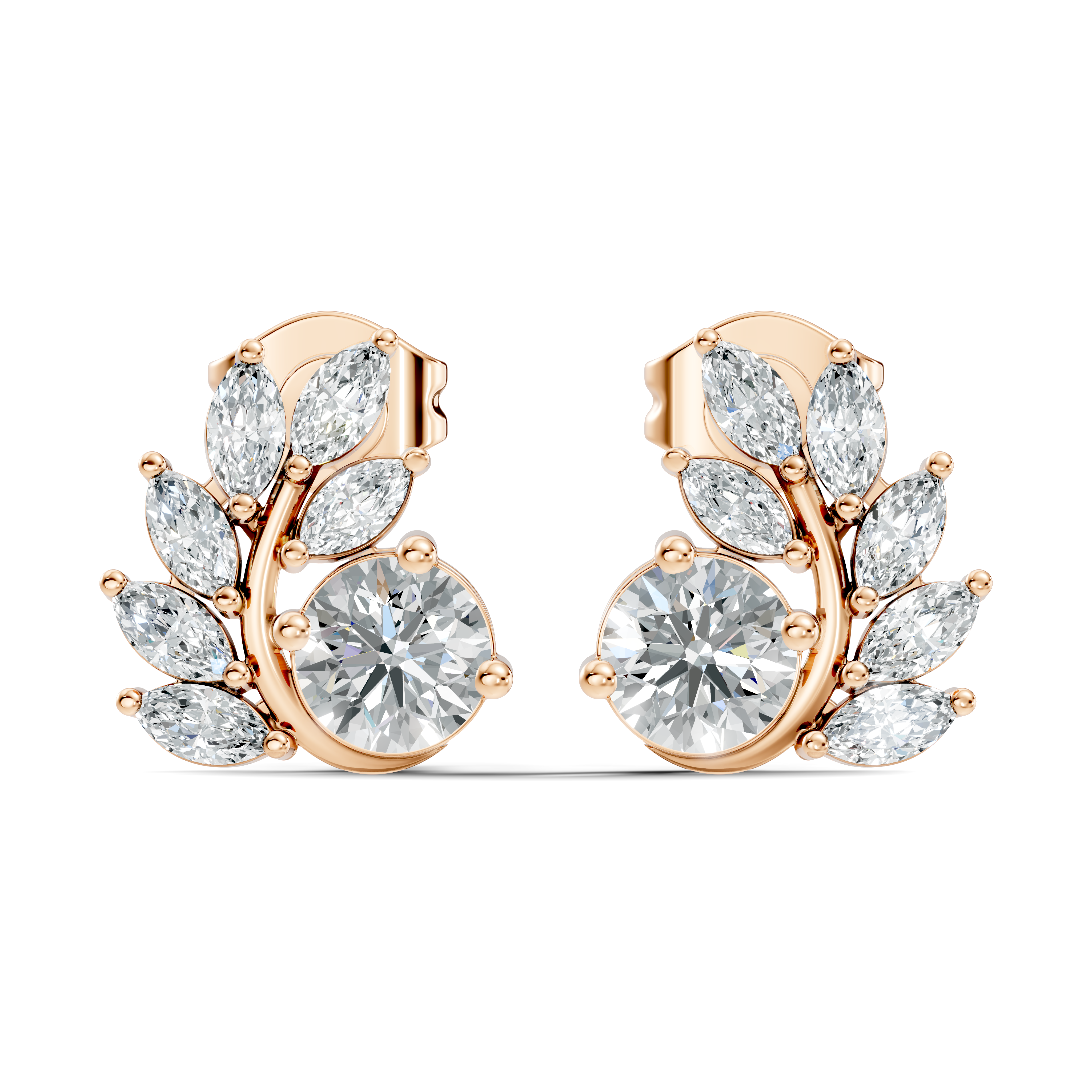 Round & Marquise Curved Leaf Vine Diamond Stud