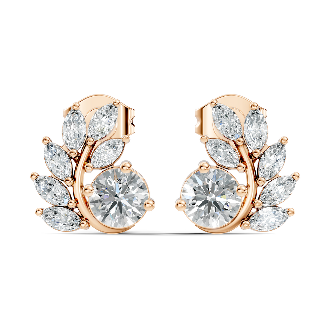 Round & Marquise Curved Leaf Vine Diamond Stud