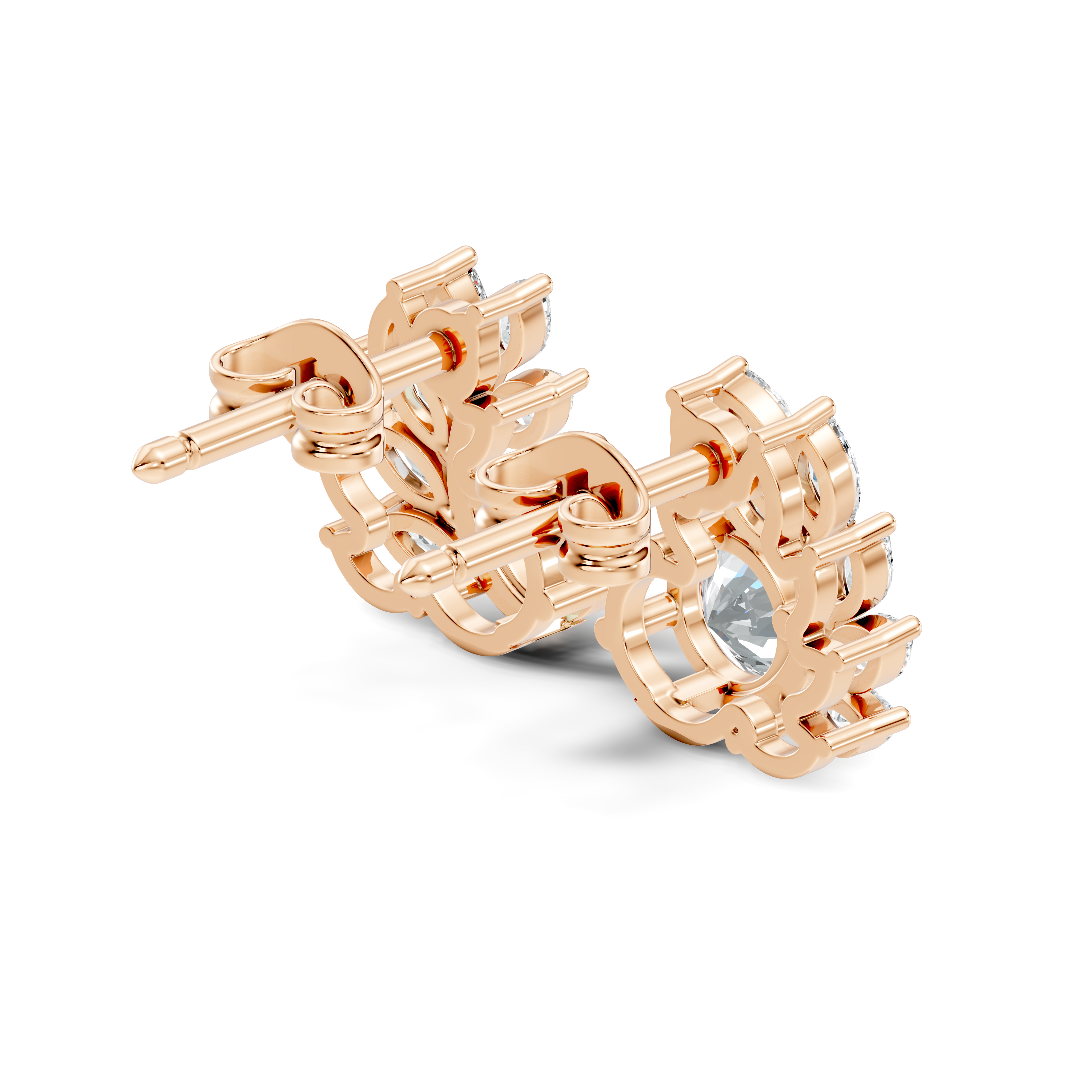 Round & Marquise Curved Leaf Vine Diamond Stud