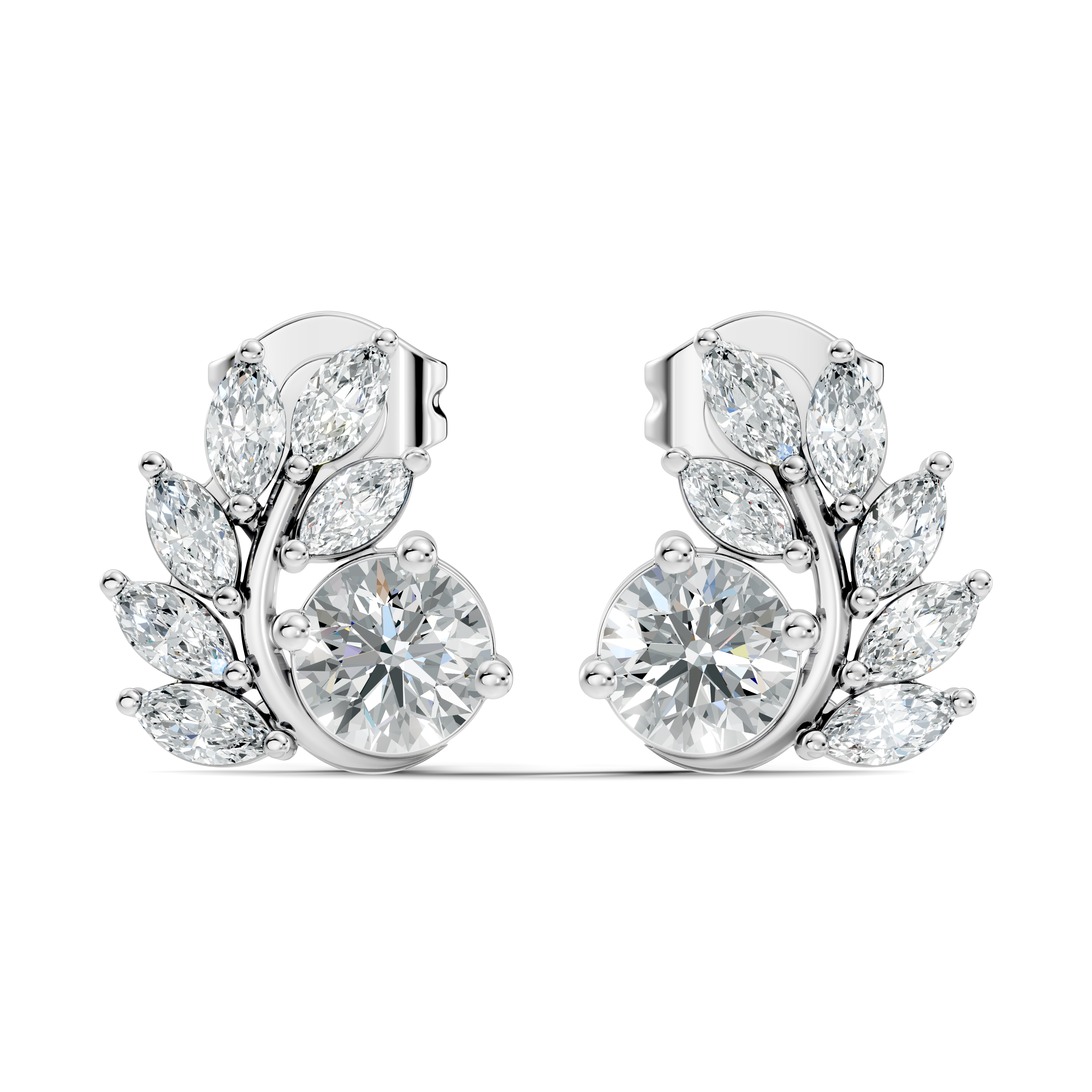Round & Marquise Curved Leaf Vine Diamond Stud