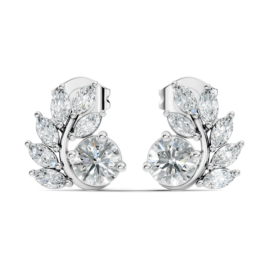 Round & Marquise Curved Leaf Vine Diamond Stud