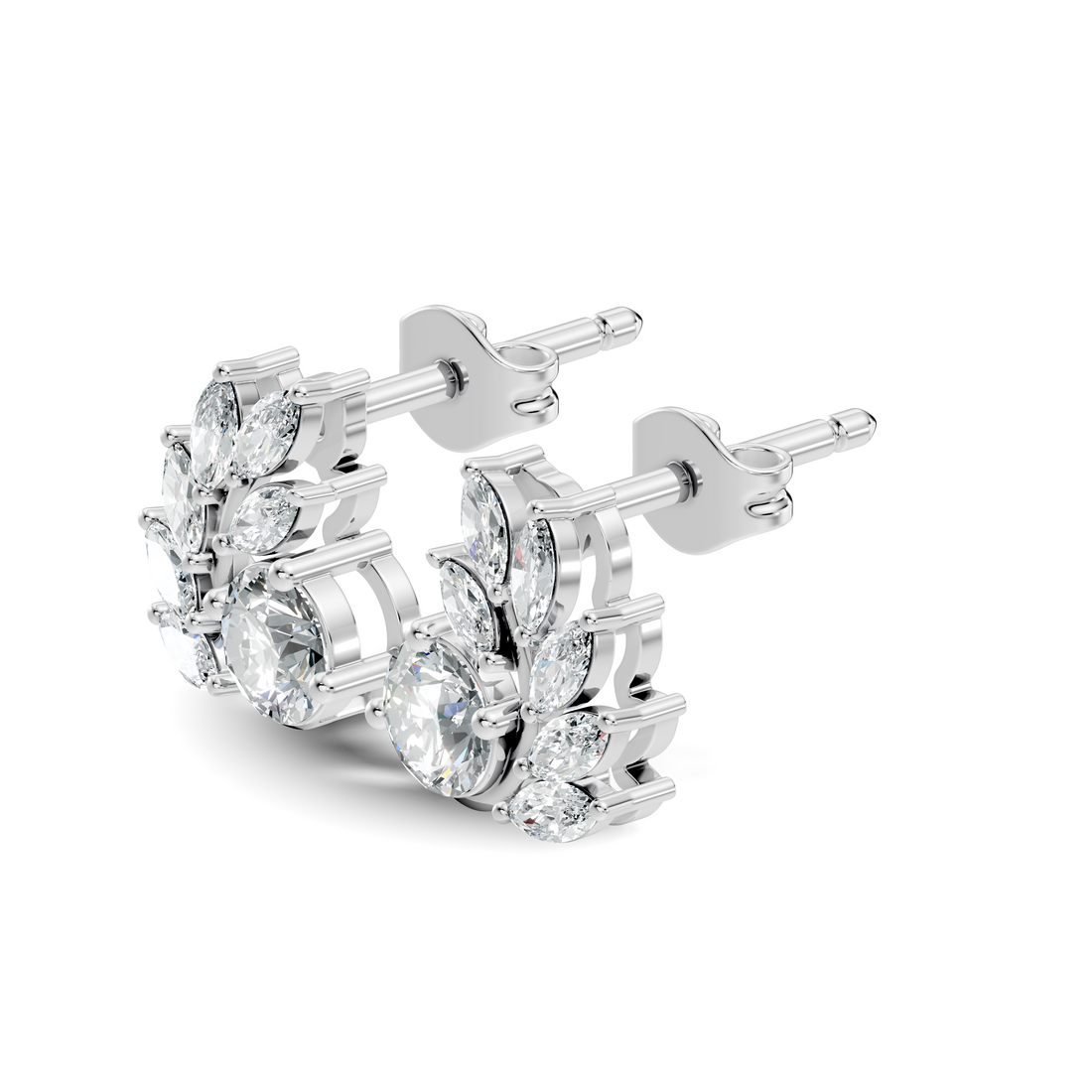 Round & Marquise Curved Leaf Vine Diamond Stud
