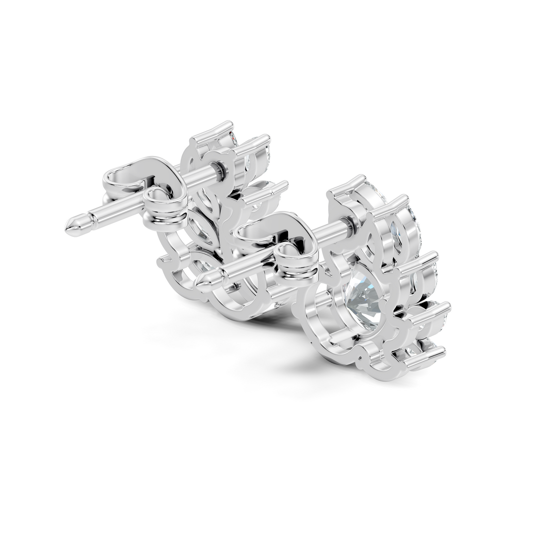Round & Marquise Curved Leaf Vine Diamond Stud