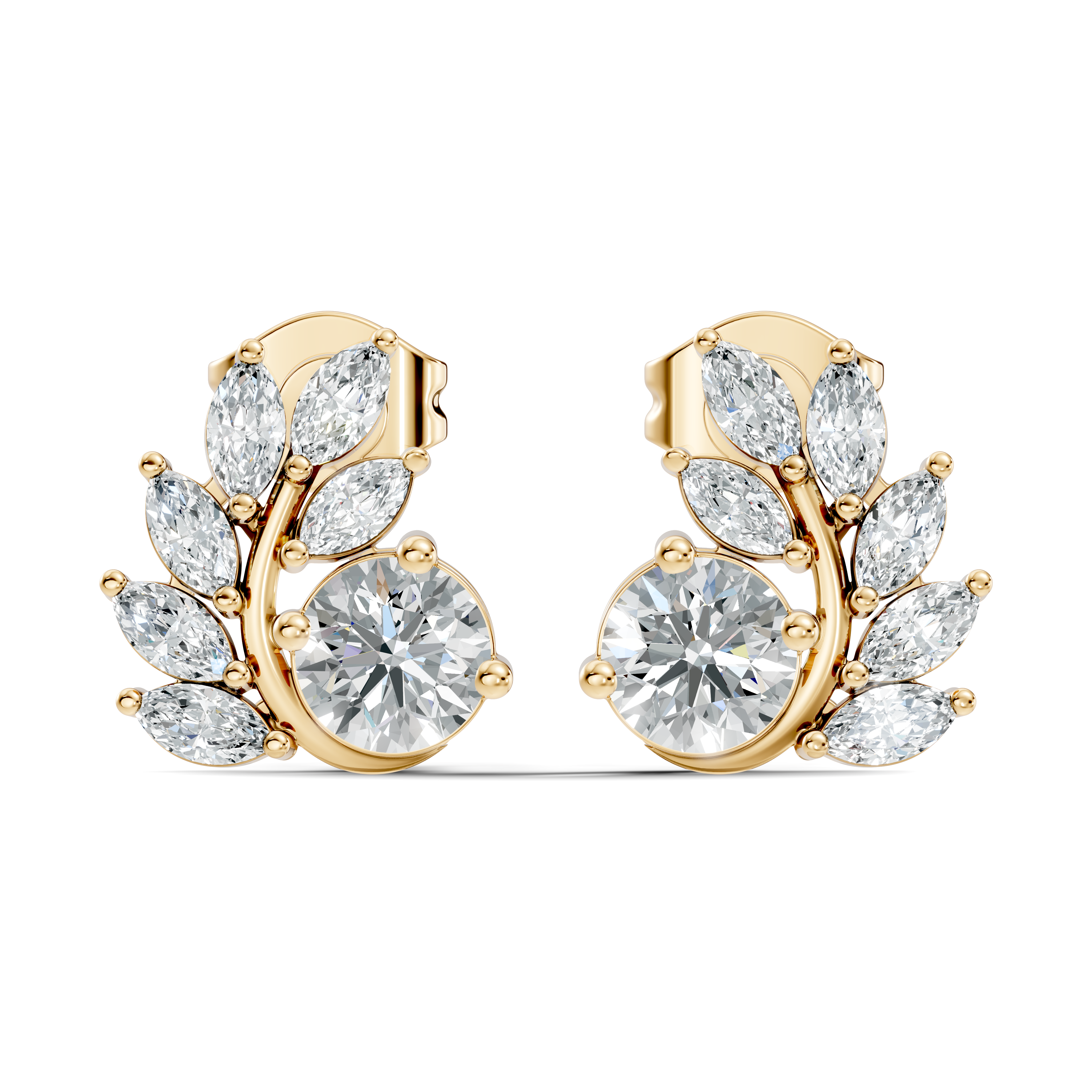 Round & Marquise Curved Leaf Vine Diamond Stud
