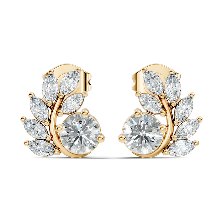 Round & Marquise Curved Leaf Vine Diamond Stud
