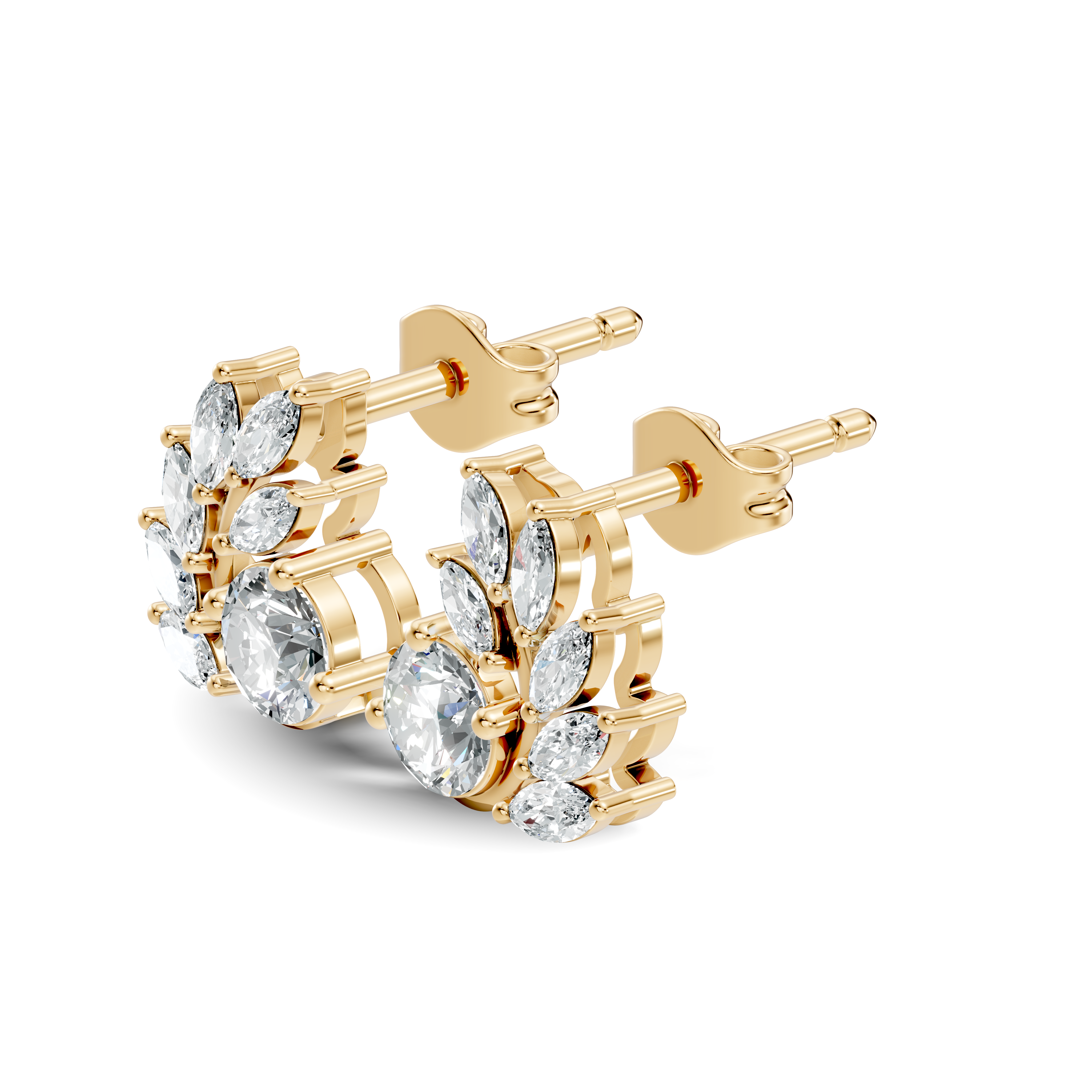Round & Marquise Curved Leaf Vine Diamond Stud