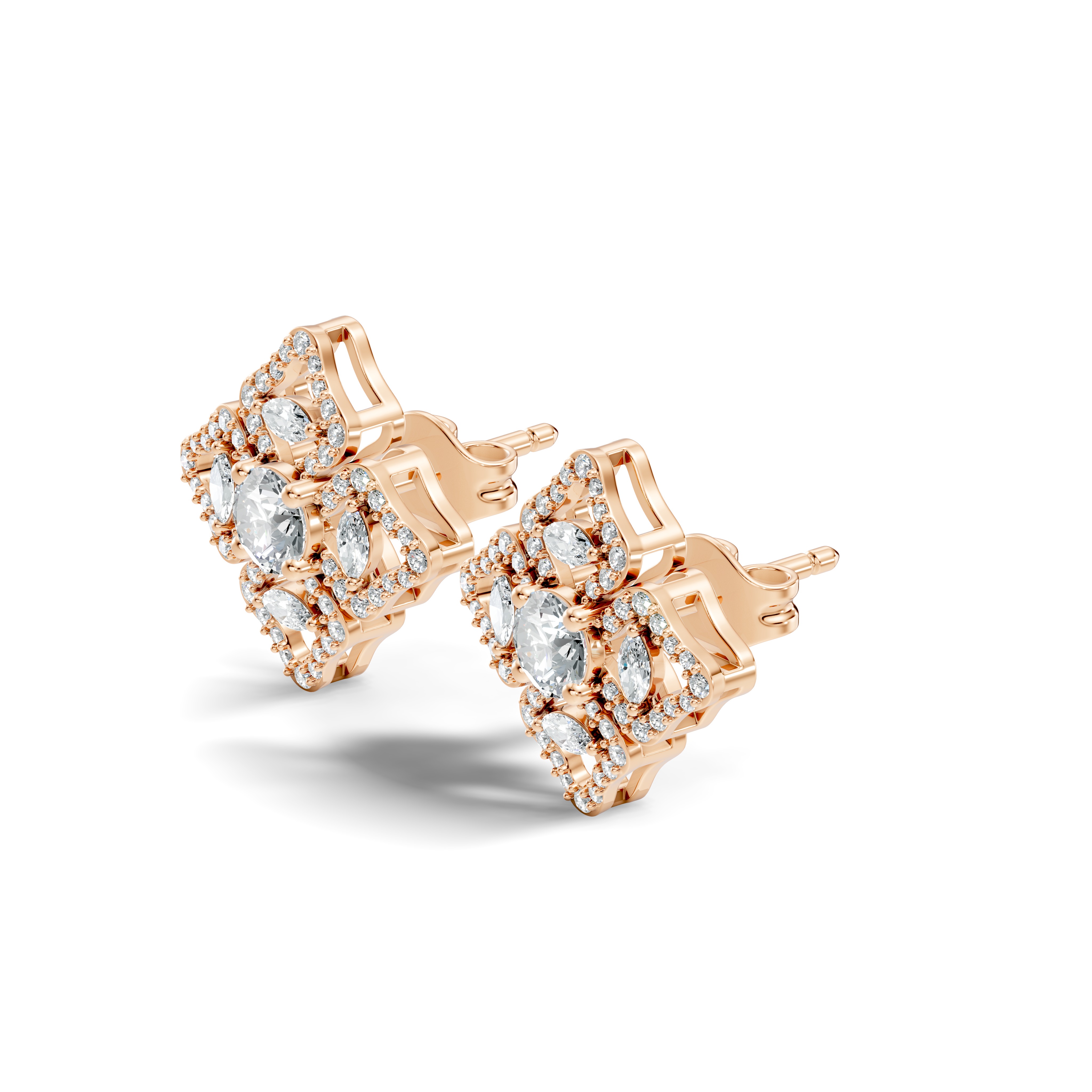 Openwork Quatrefoil Pave & Marquise Diamond Stud
