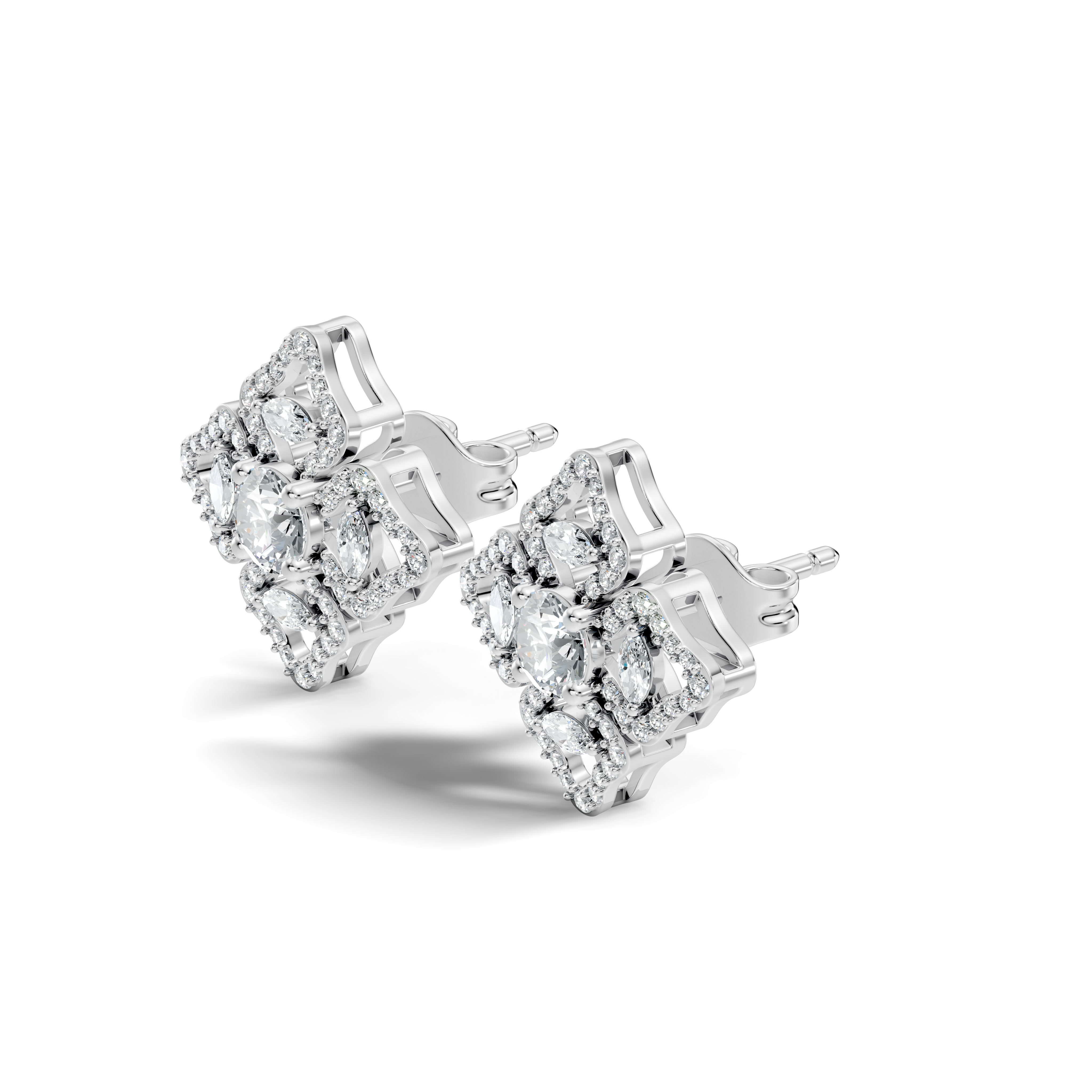 Openwork Quatrefoil Pave & Marquise Diamond Stud