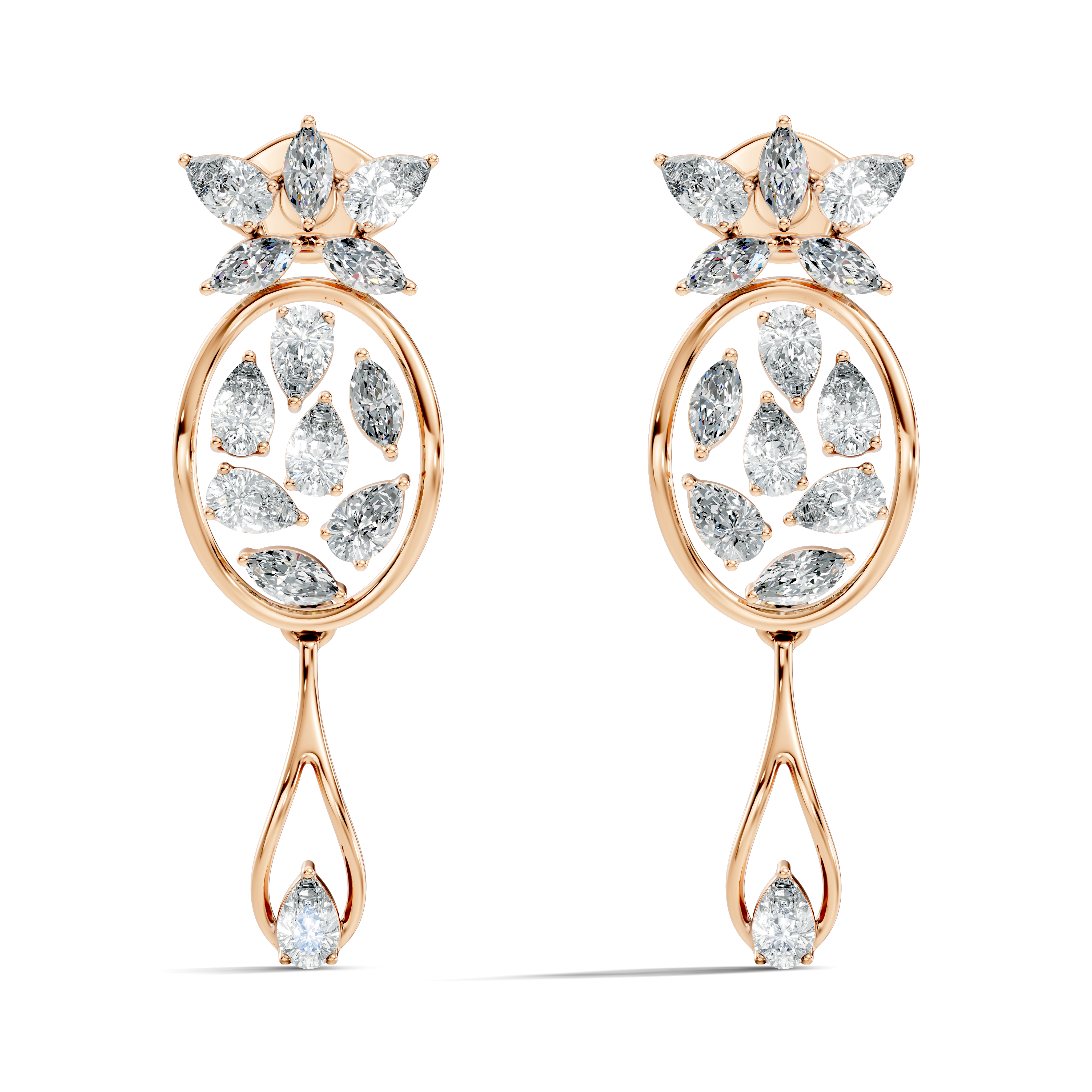 Oval Leaf Frame & Teardrop Marquise Pear Diamond Dangle Earrings (2.00 TCW)