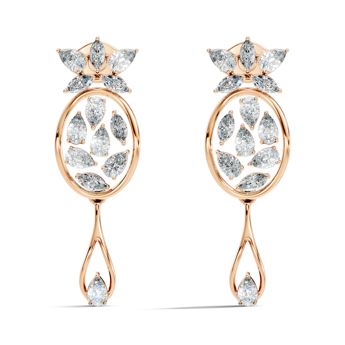 Oval Leaf Frame & Teardrop Marquise Pear Diamond Dangle Earrings (2.00 TCW)