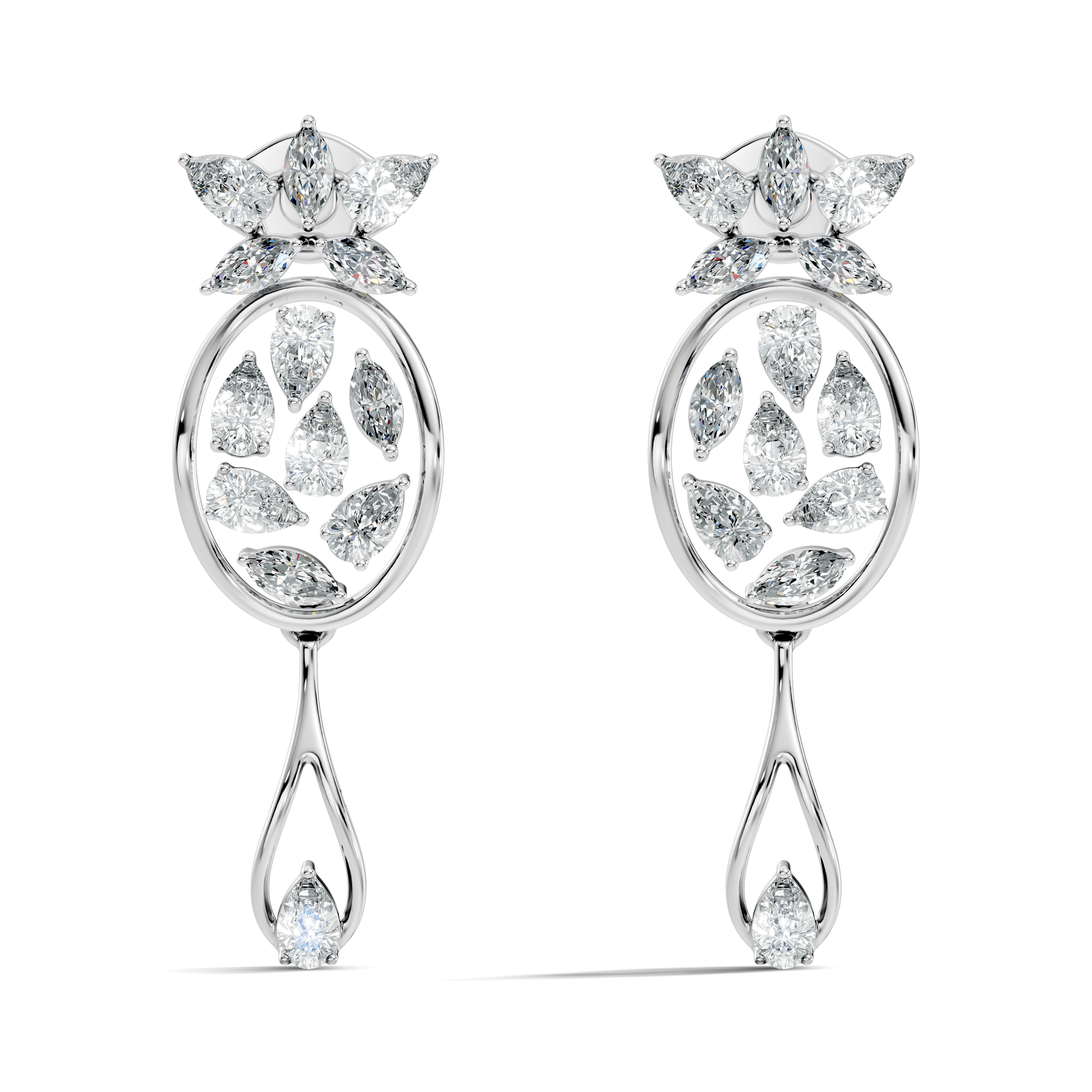 Oval Leaf Frame & Teardrop Marquise Pear Diamond Dangle Earrings (2.00 TCW)
