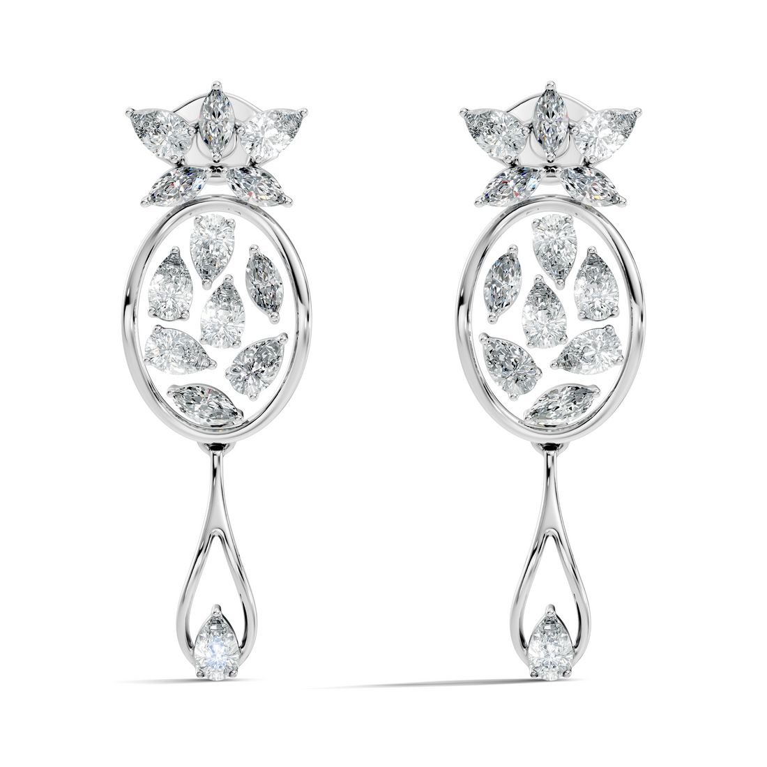Oval Leaf Frame & Teardrop Marquise Pear Diamond Dangle Earrings (2.00 TCW)