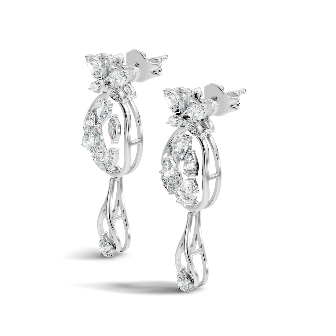 Oval Leaf Frame & Teardrop Marquise Pear Diamond Dangle Earrings (2.00 TCW)