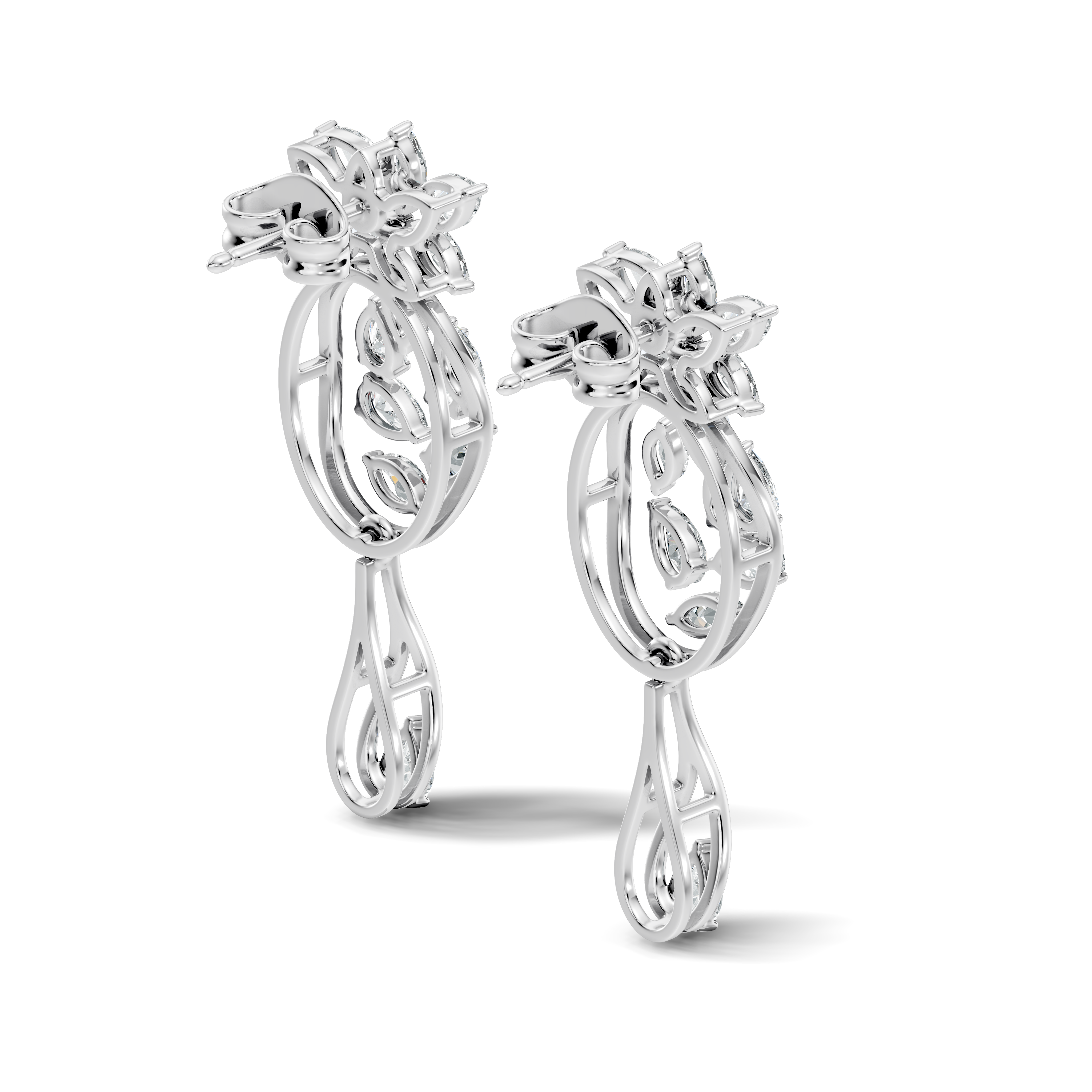 Oval Leaf Frame & Teardrop Marquise Pear Diamond Dangle Earrings (2.00 TCW)