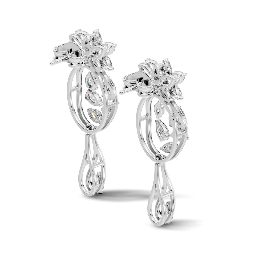 Oval Leaf Frame & Teardrop Marquise Pear Diamond Dangle Earrings (2.00 TCW)