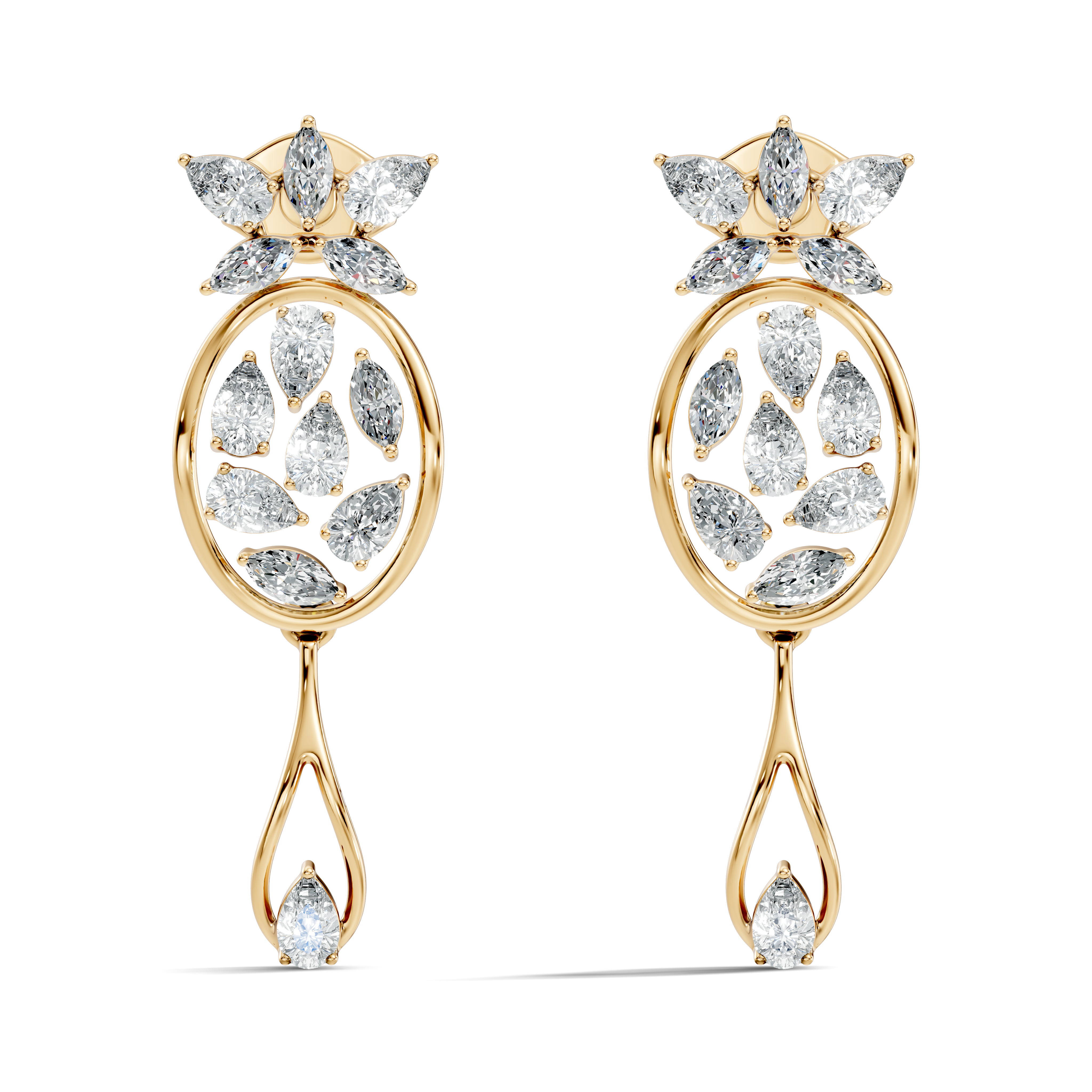 Oval Leaf Frame & Teardrop Marquise Pear Diamond Dangle Earrings (2.00 TCW)