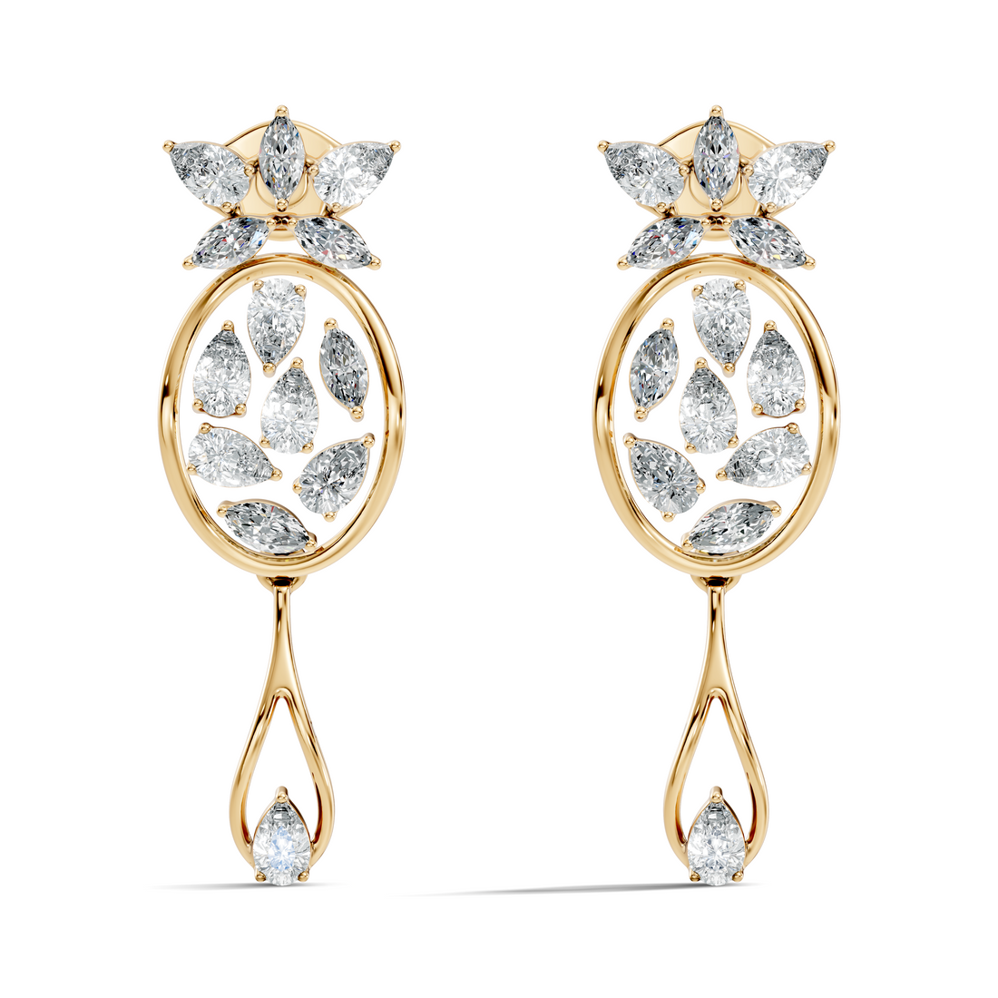 Oval Leaf Frame & Teardrop Marquise Pear Diamond Dangle Earrings (2.00 TCW)