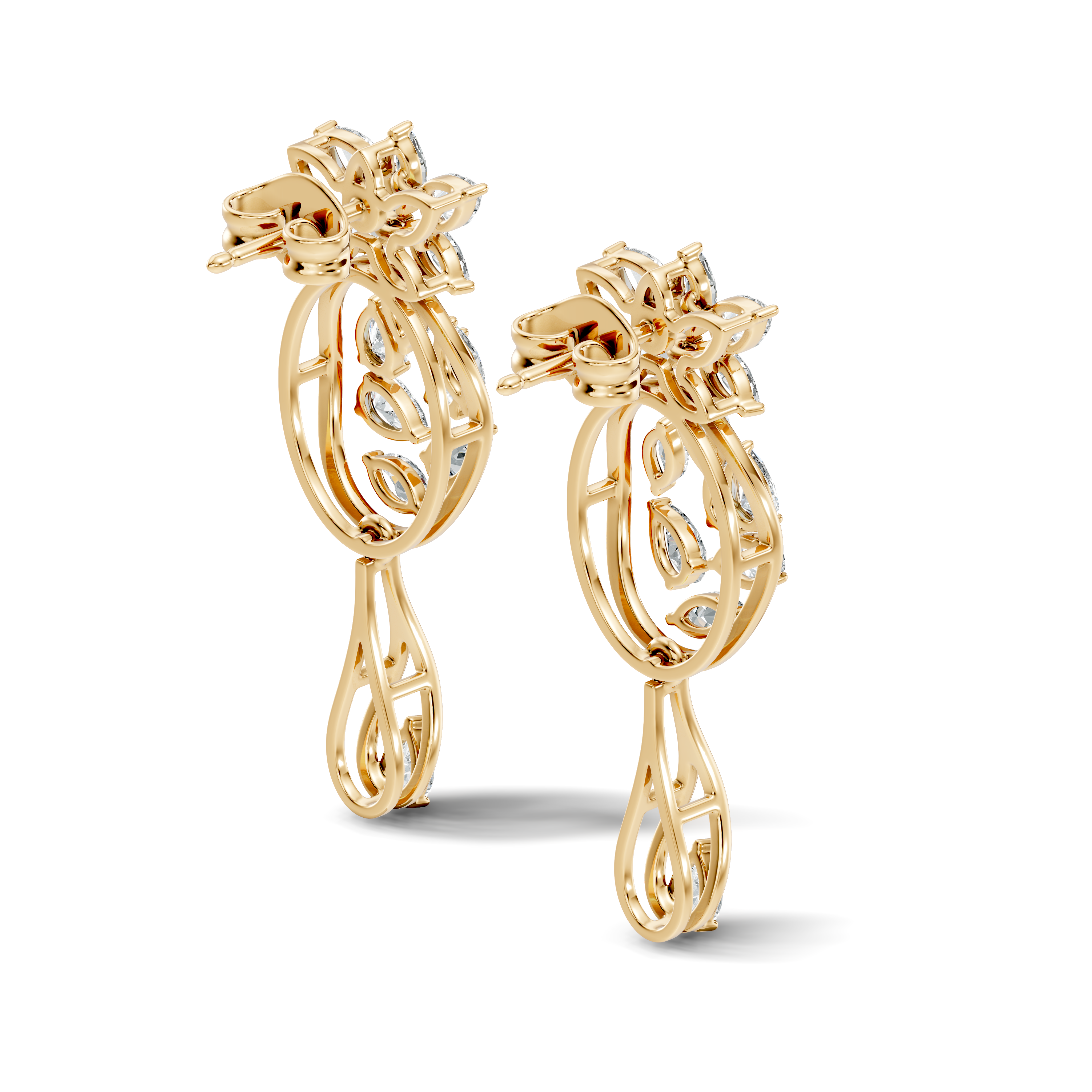Oval Leaf Frame & Teardrop Marquise Pear Diamond Dangle Earrings (2.00 TCW)