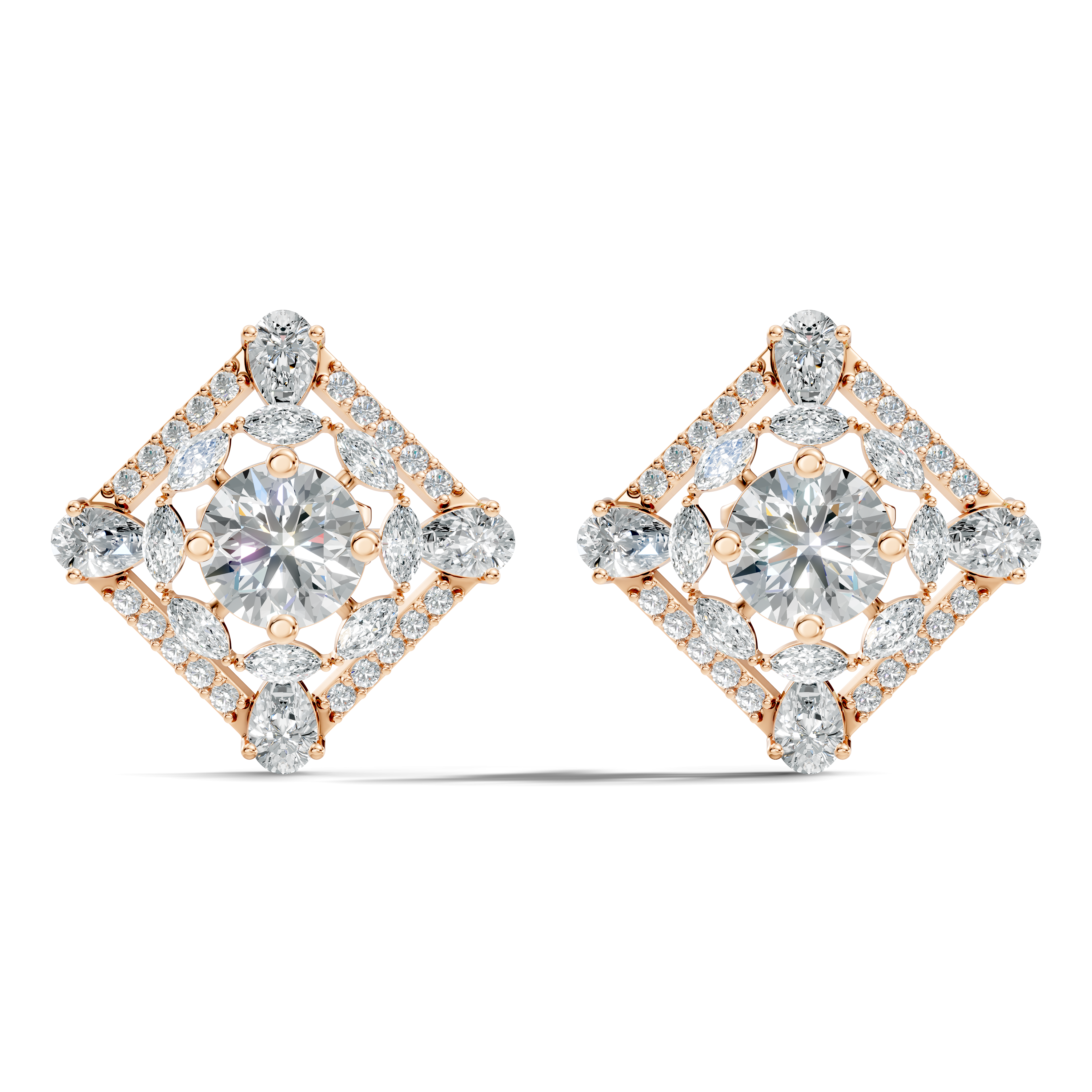Round Solitaire & Diamond Rhombus Filigree Stud