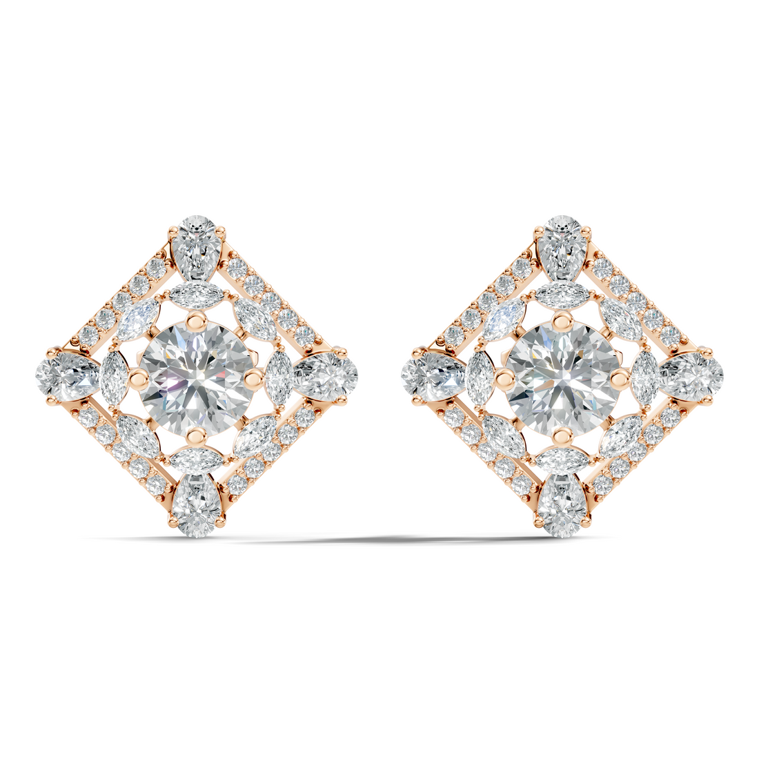 Round Solitaire & Diamond Rhombus Filigree Stud