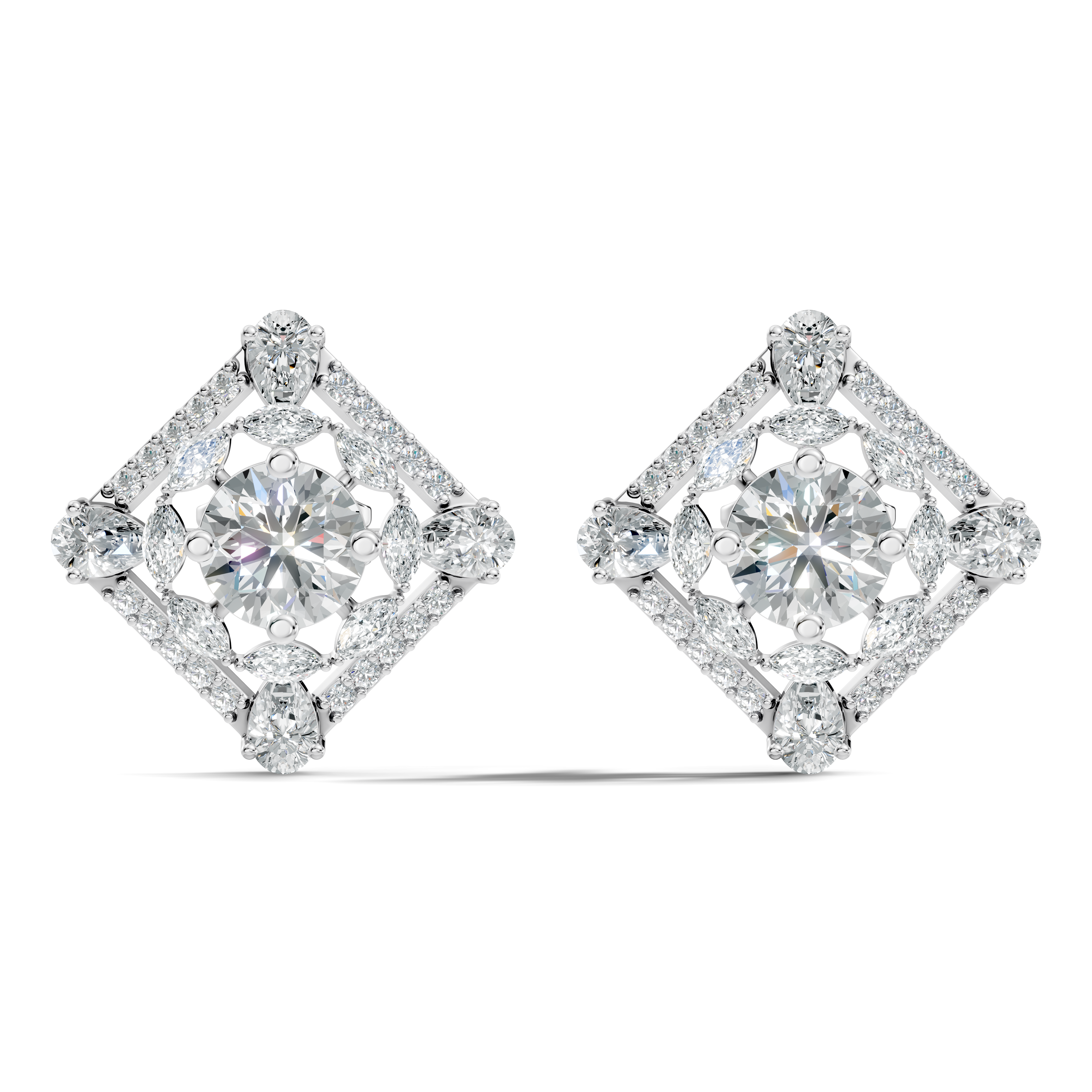 Round Solitaire & Diamond Rhombus Filigree Stud
