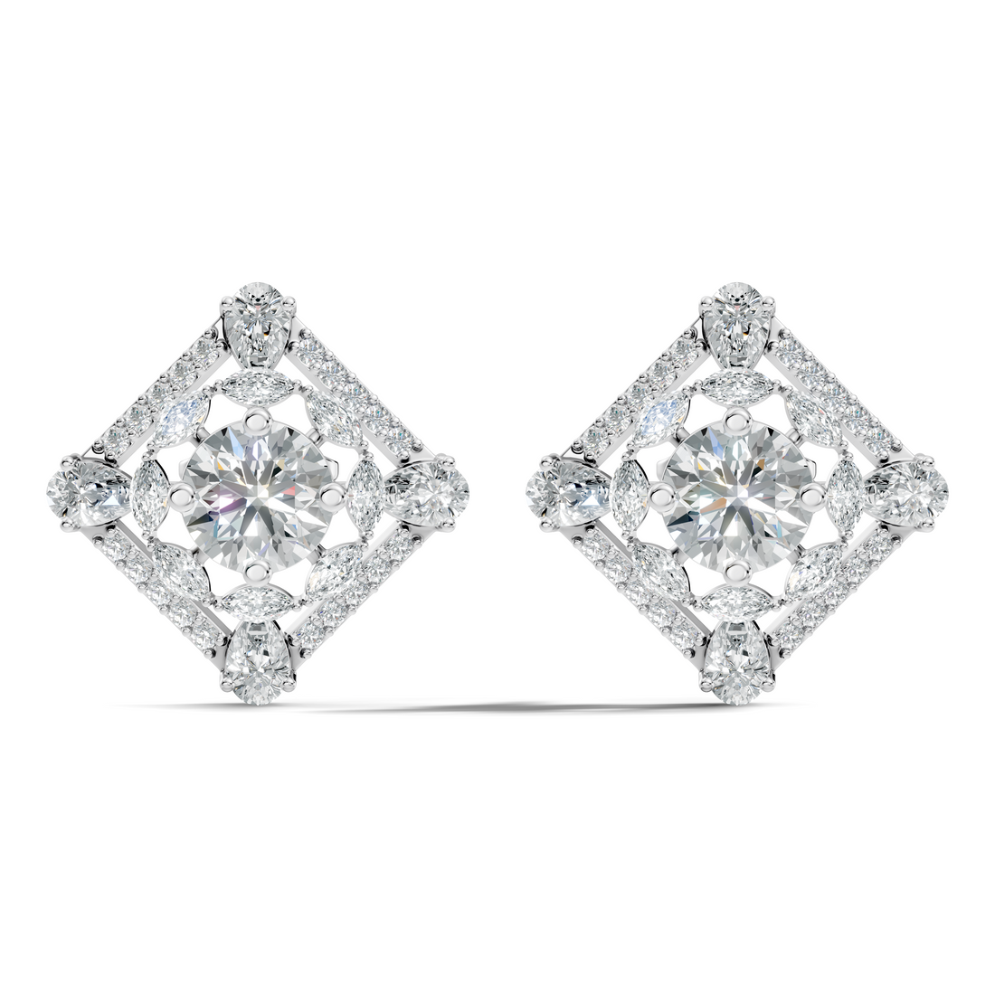 Round Solitaire & Diamond Rhombus Filigree Stud