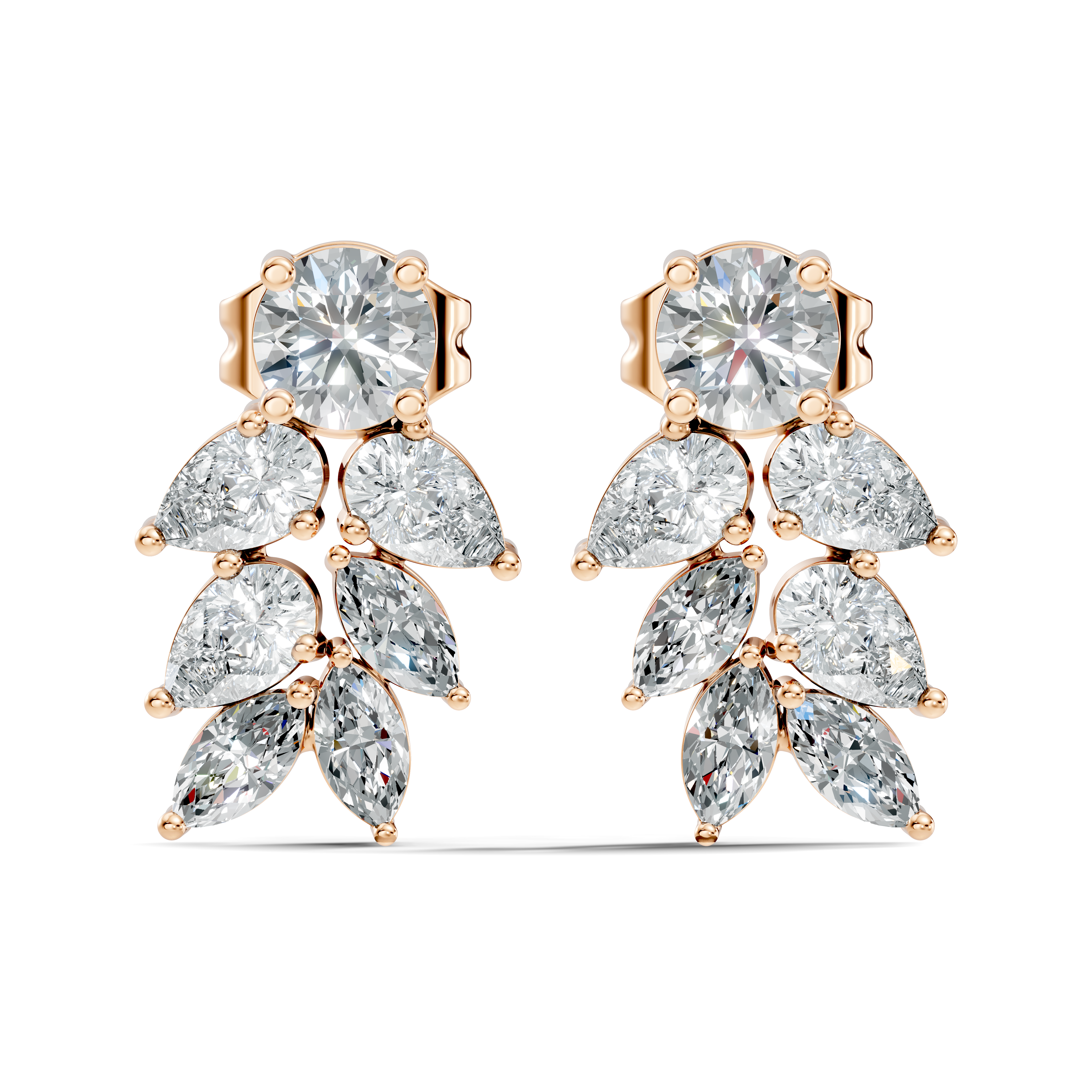 Round Solitaire & Cascading Leaf Cluster Diamond Stud