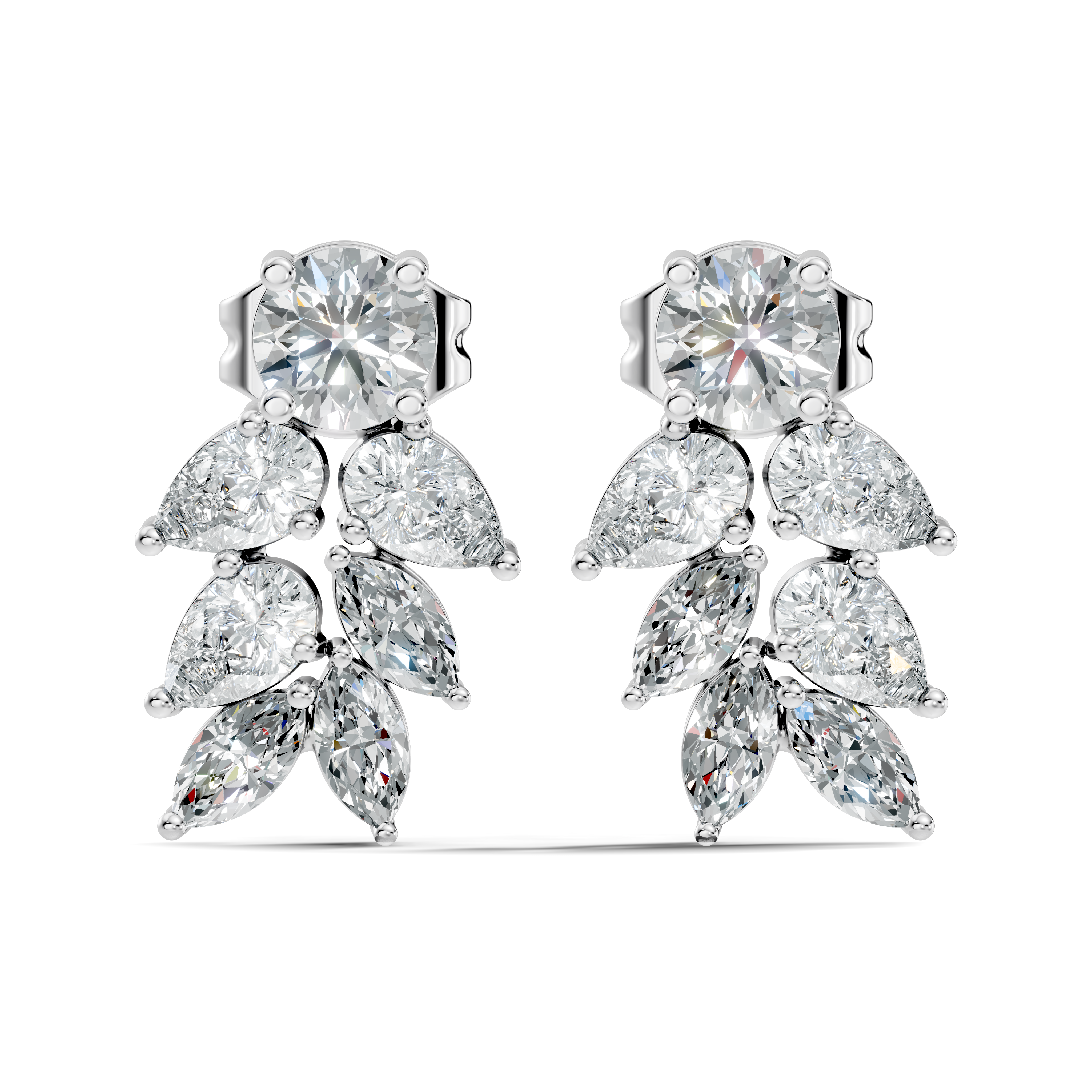Round Solitaire & Cascading Leaf Cluster Diamond Stud