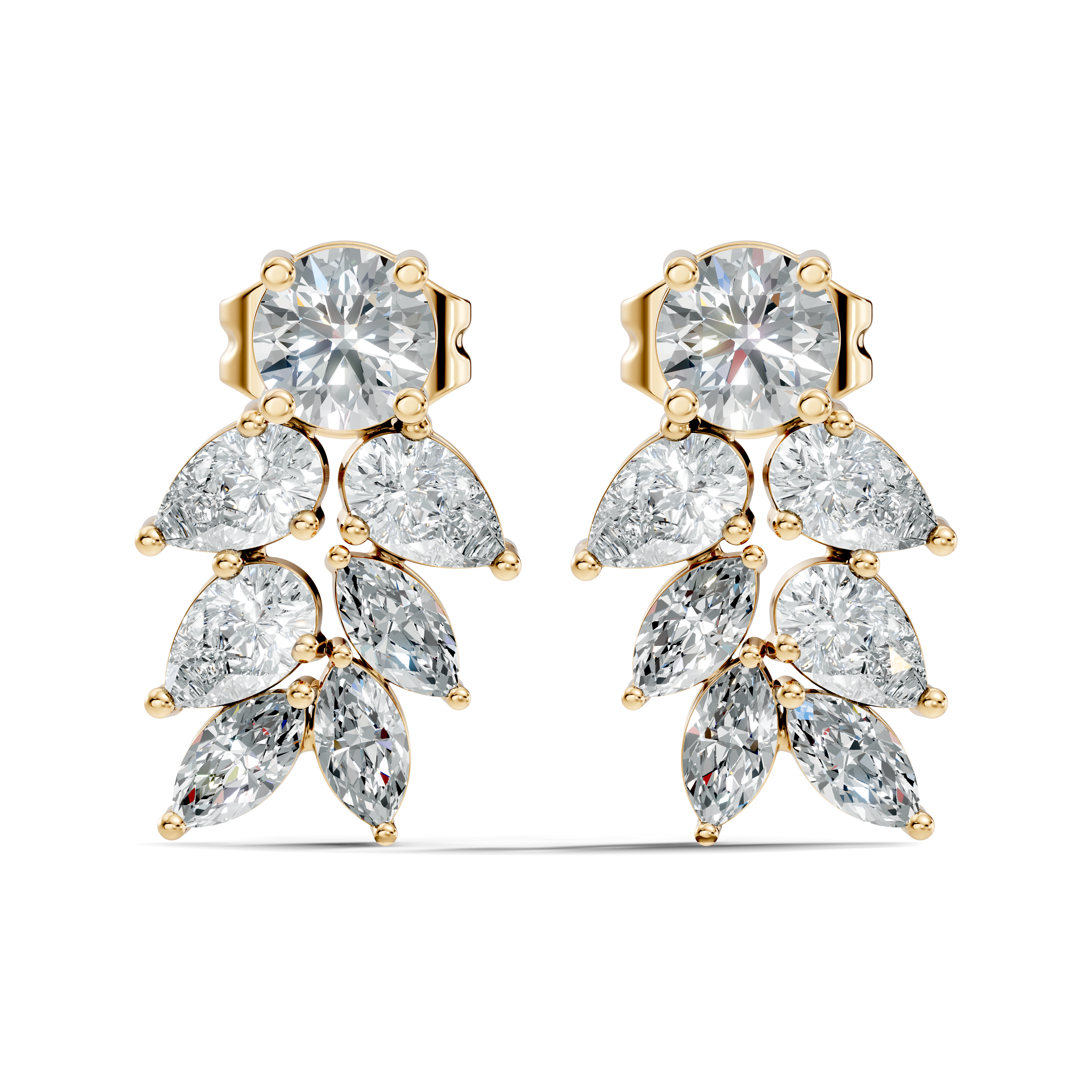 Round Solitaire & Cascading Leaf Cluster Diamond Stud