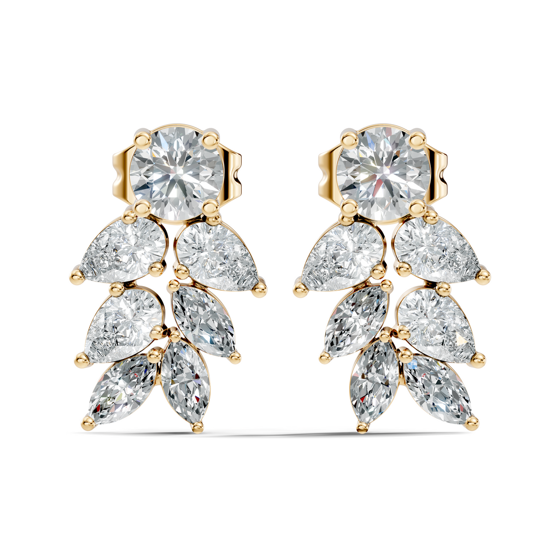 Round Solitaire & Cascading Leaf Cluster Diamond Stud