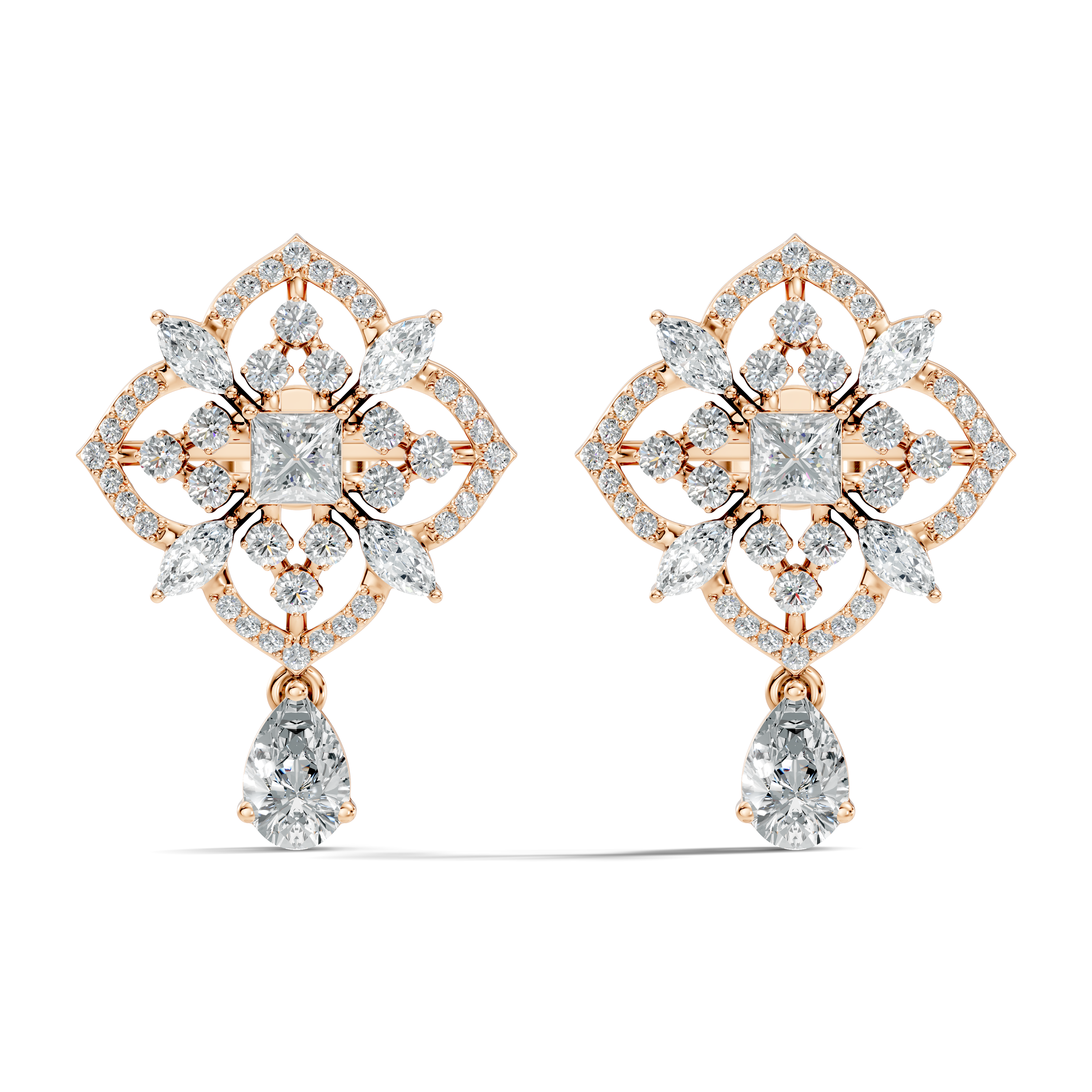Princess Solitaire & Openwork Quatrefoil Pear Drop Earrings