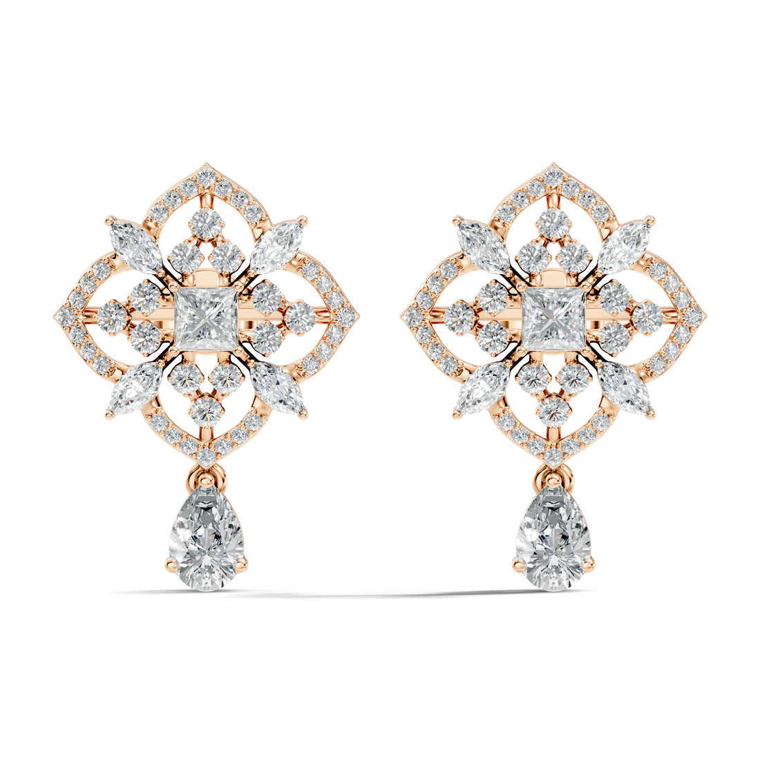 Princess Solitaire & Openwork Quatrefoil Pear Drop Earrings