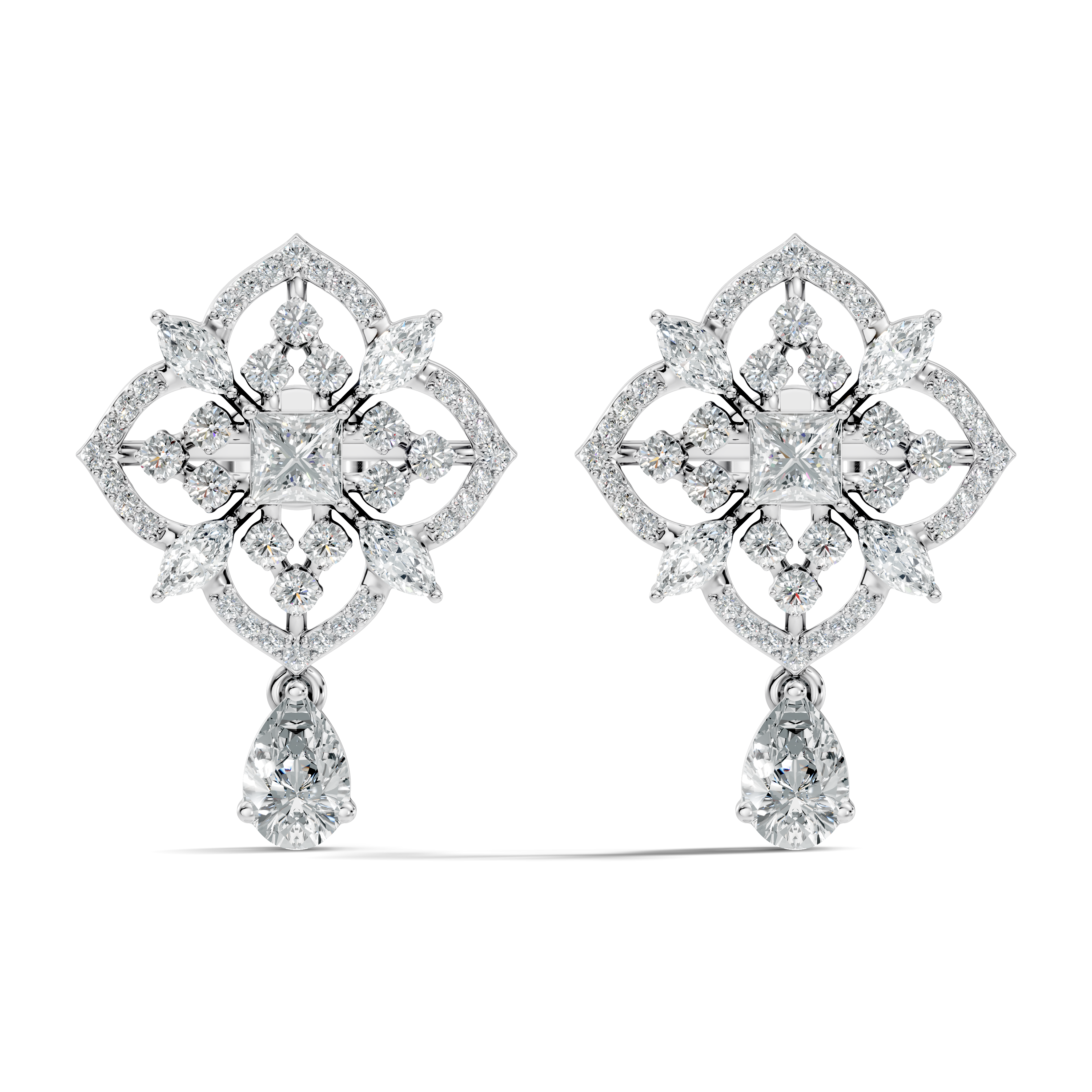 Princess Solitaire & Openwork Quatrefoil Pear Drop Earrings