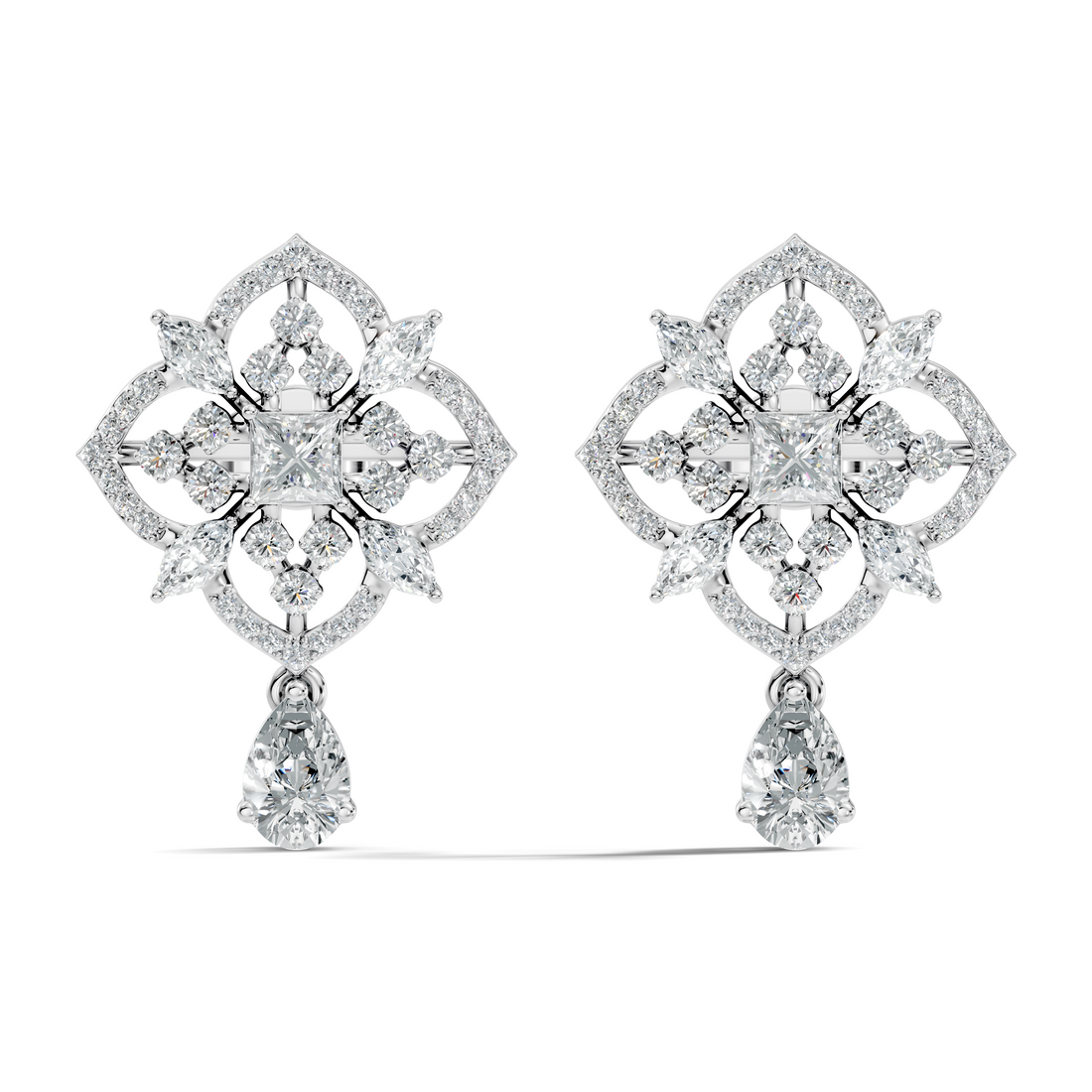 Princess Solitaire & Openwork Quatrefoil Pear Drop Earrings