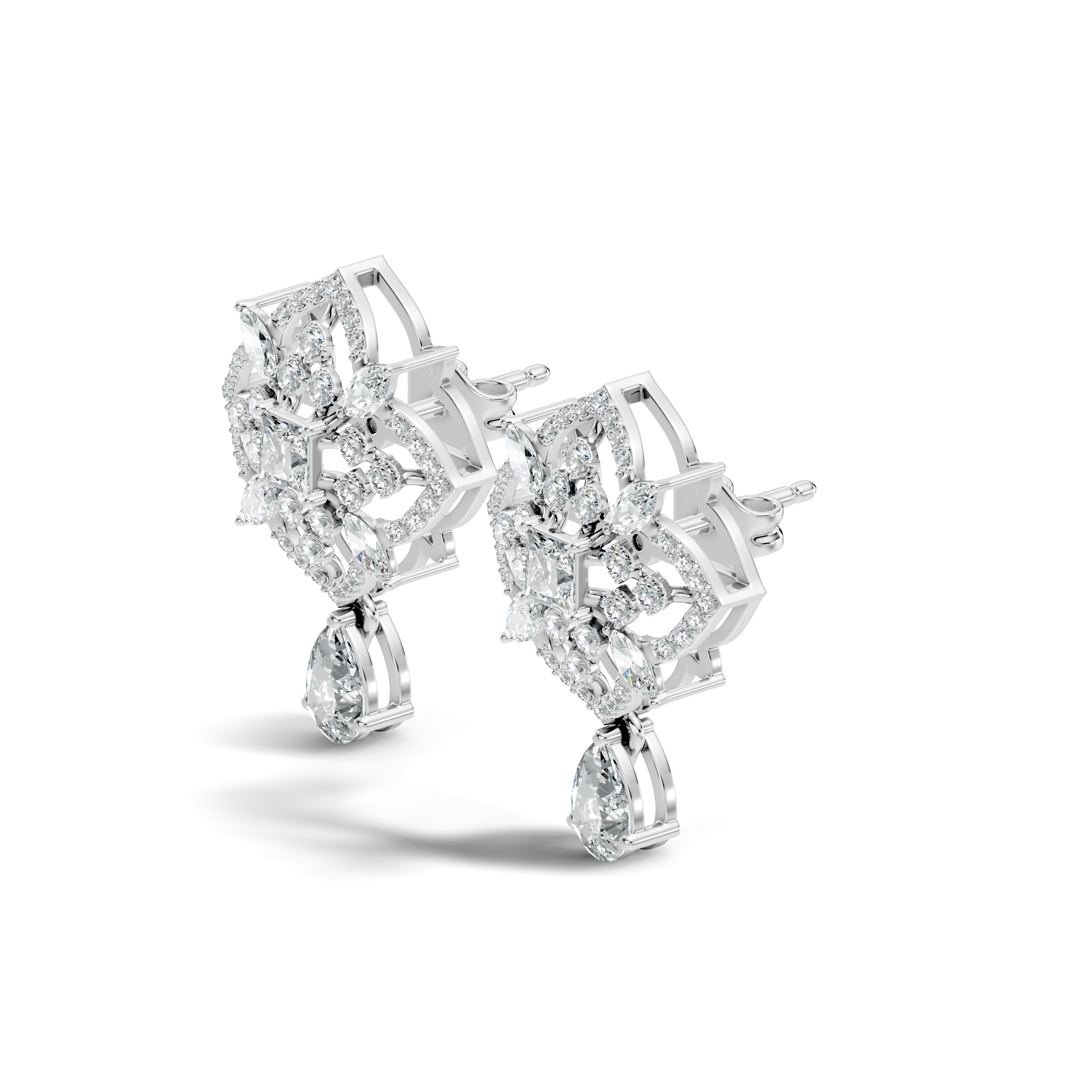 Princess Solitaire & Openwork Quatrefoil Pear Drop Earrings