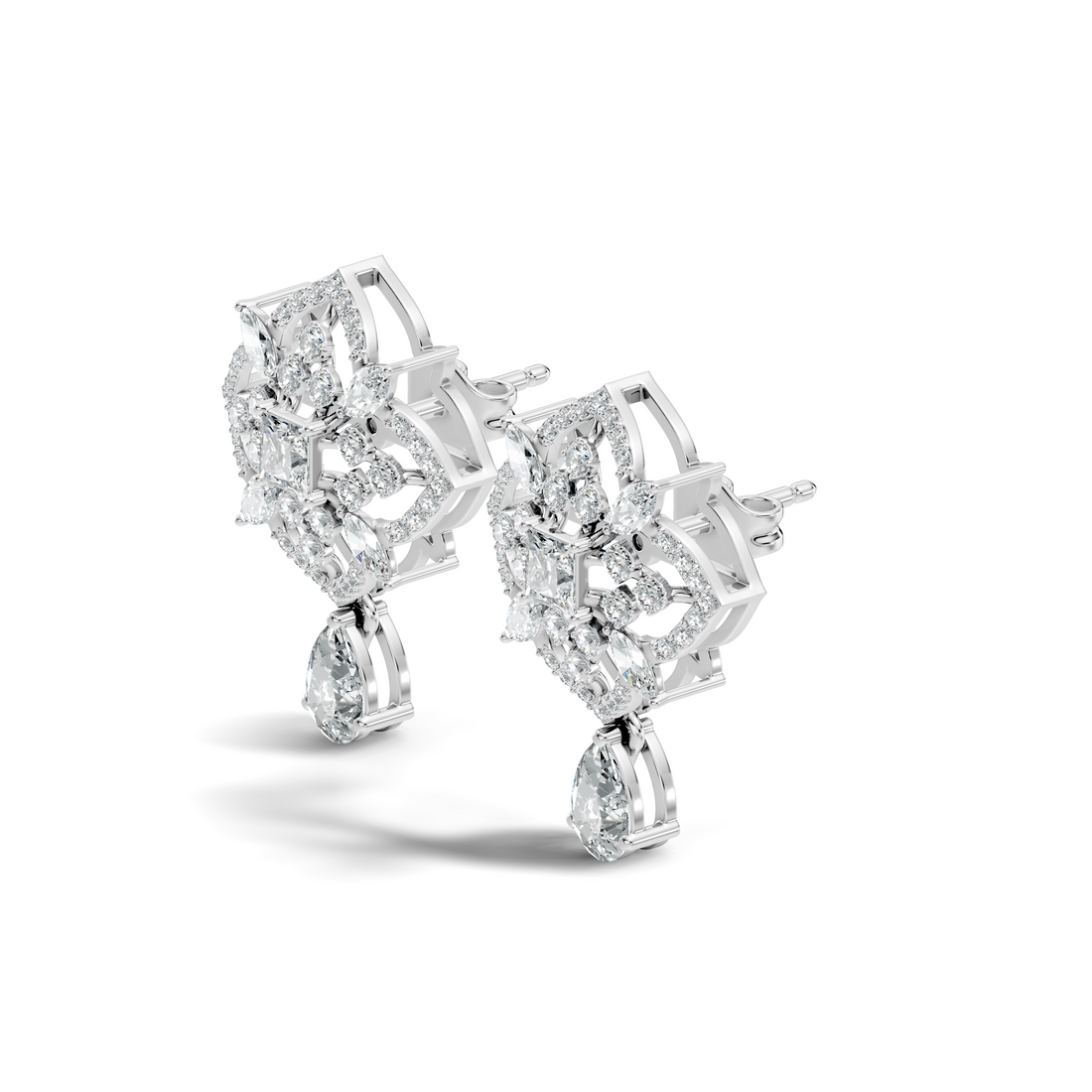 Princess Solitaire & Openwork Quatrefoil Pear Drop Earrings