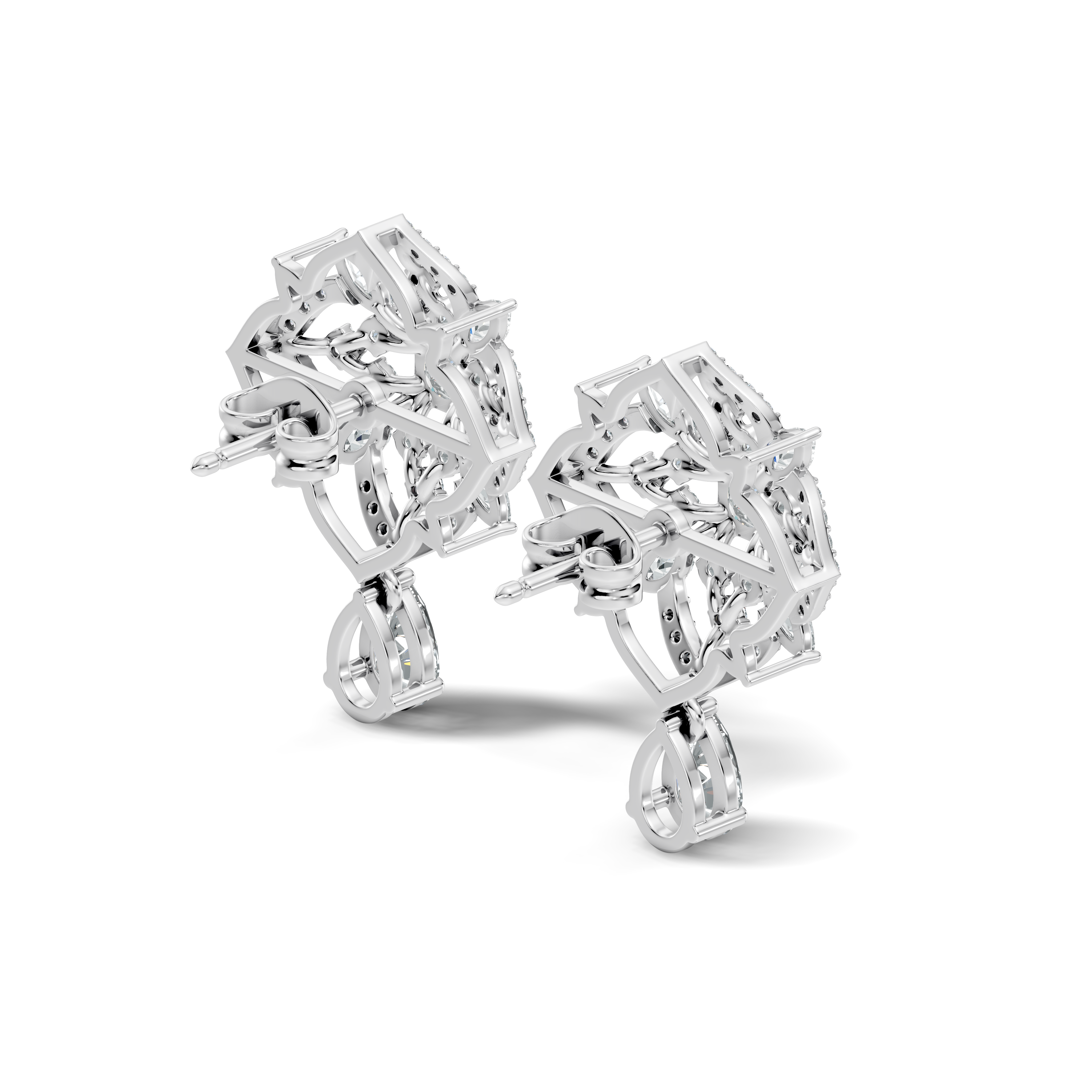 Princess Solitaire & Openwork Quatrefoil Pear Drop Earrings