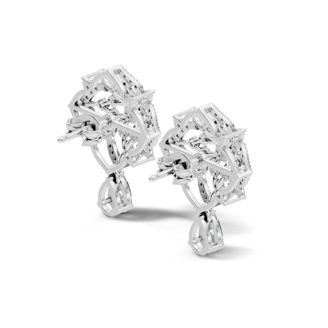 Princess Solitaire & Openwork Quatrefoil Pear Drop Earrings