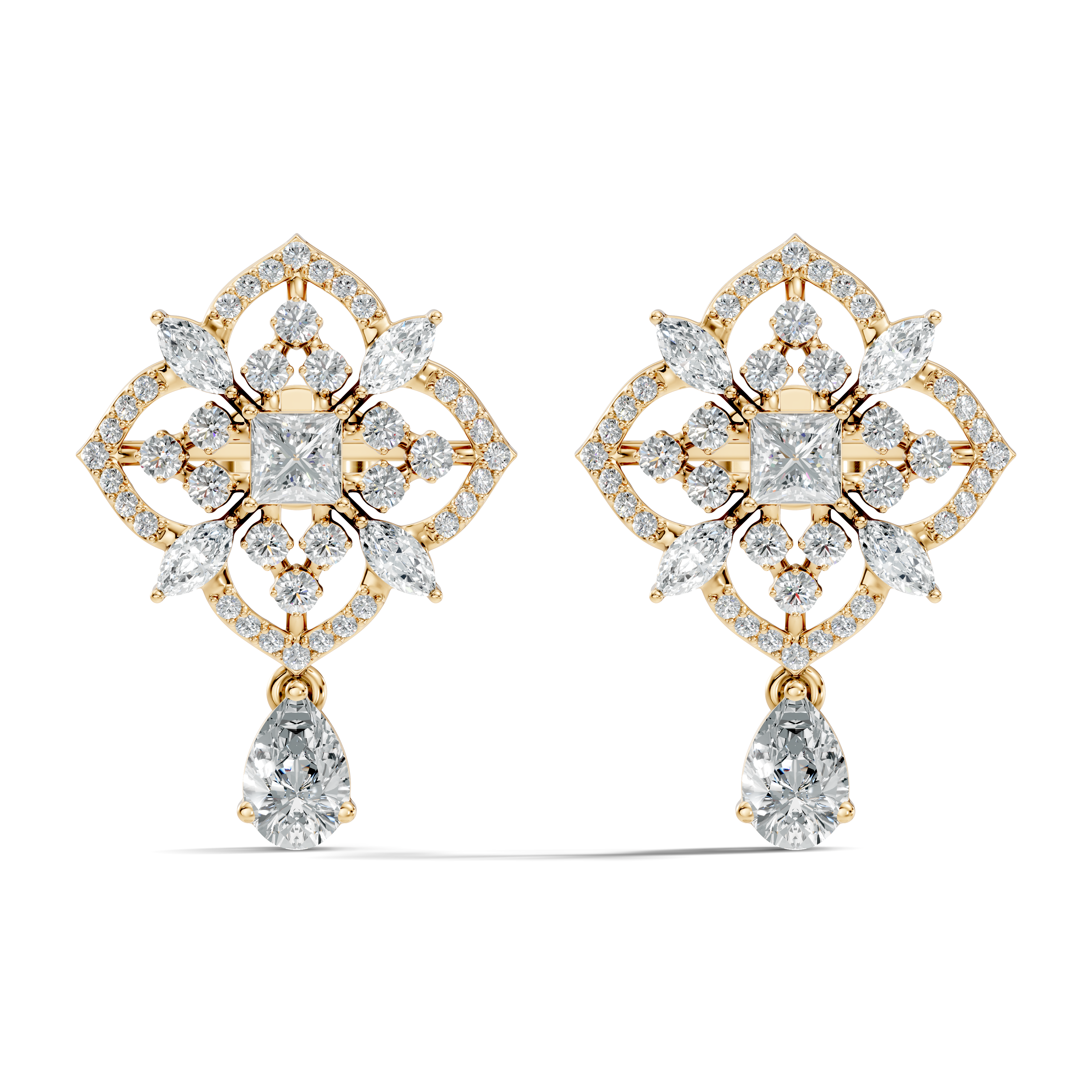 Princess Solitaire & Openwork Quatrefoil Pear Drop Earrings