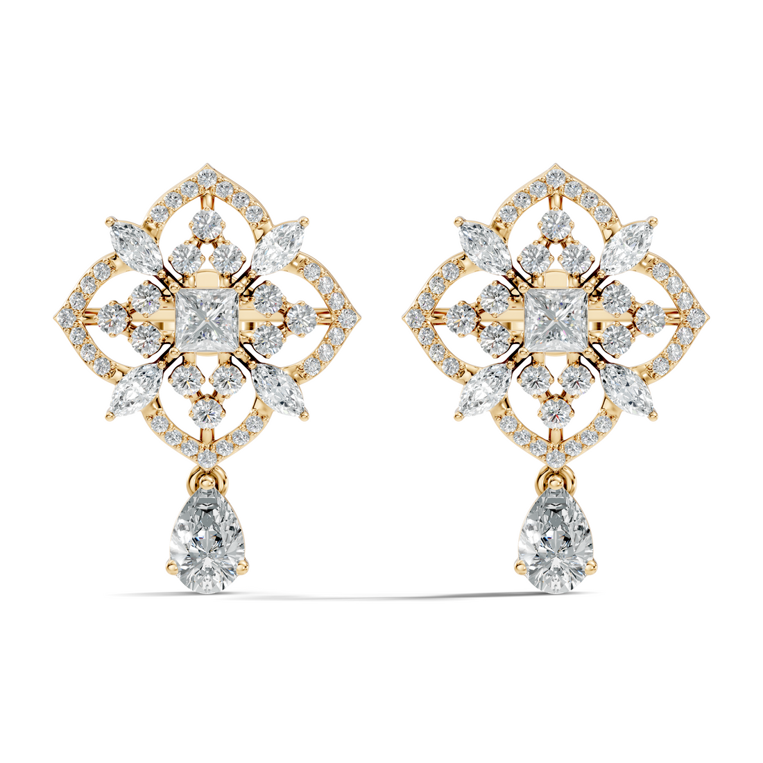 Princess Solitaire & Openwork Quatrefoil Pear Drop Earrings